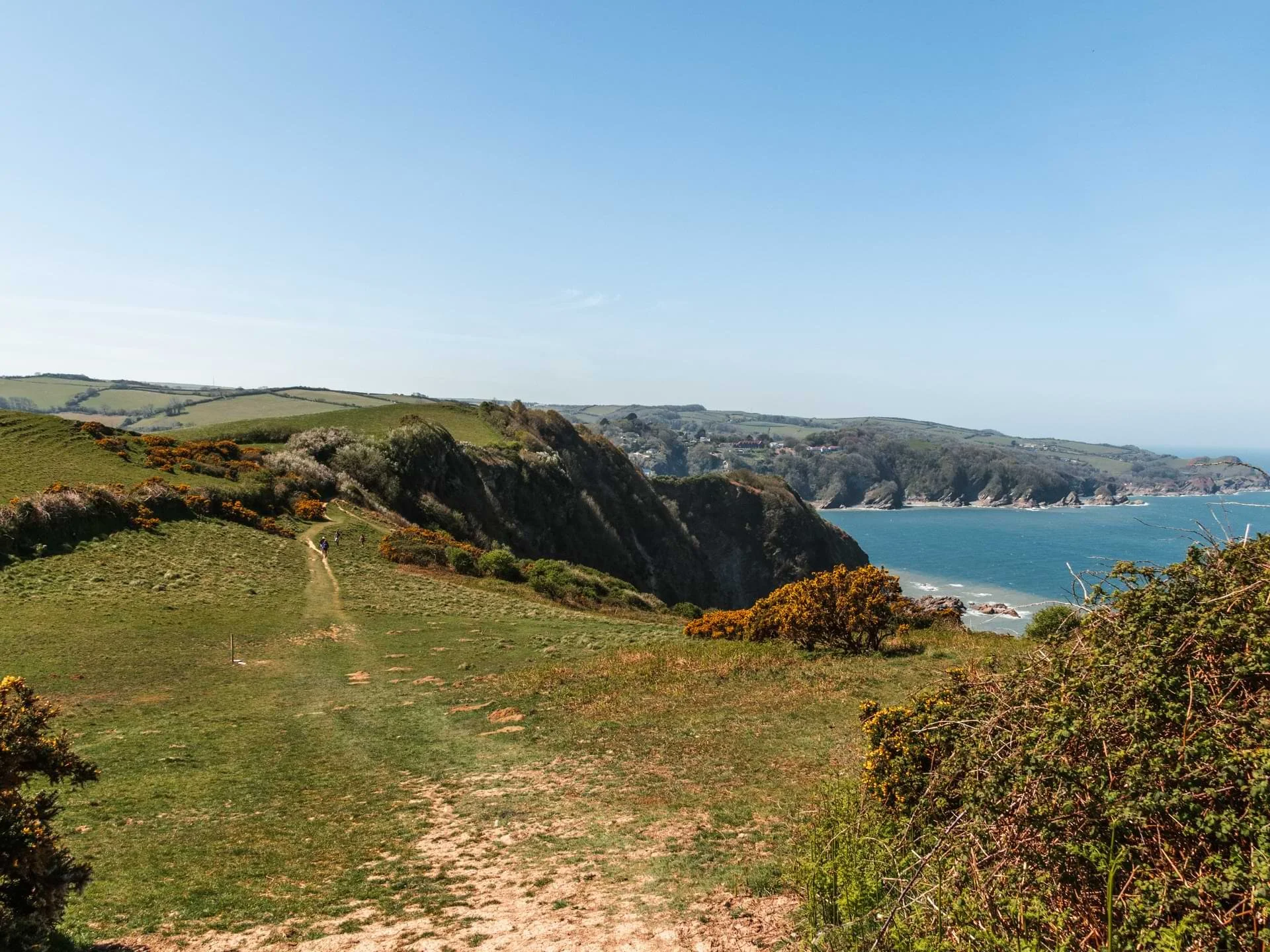 Scenic view of green grassy cliffs and hills overlooking the ocean with a clear blue sky.