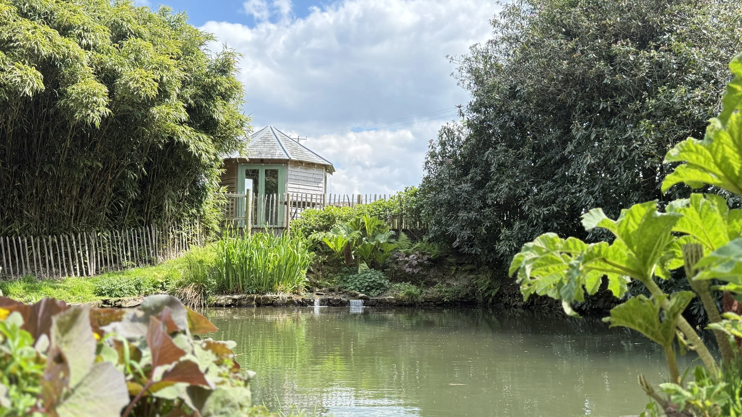 A peaceful pond with lush greenery surrounding it, a small wooden house on stilts in the background, and partly cloudy sky overhead.