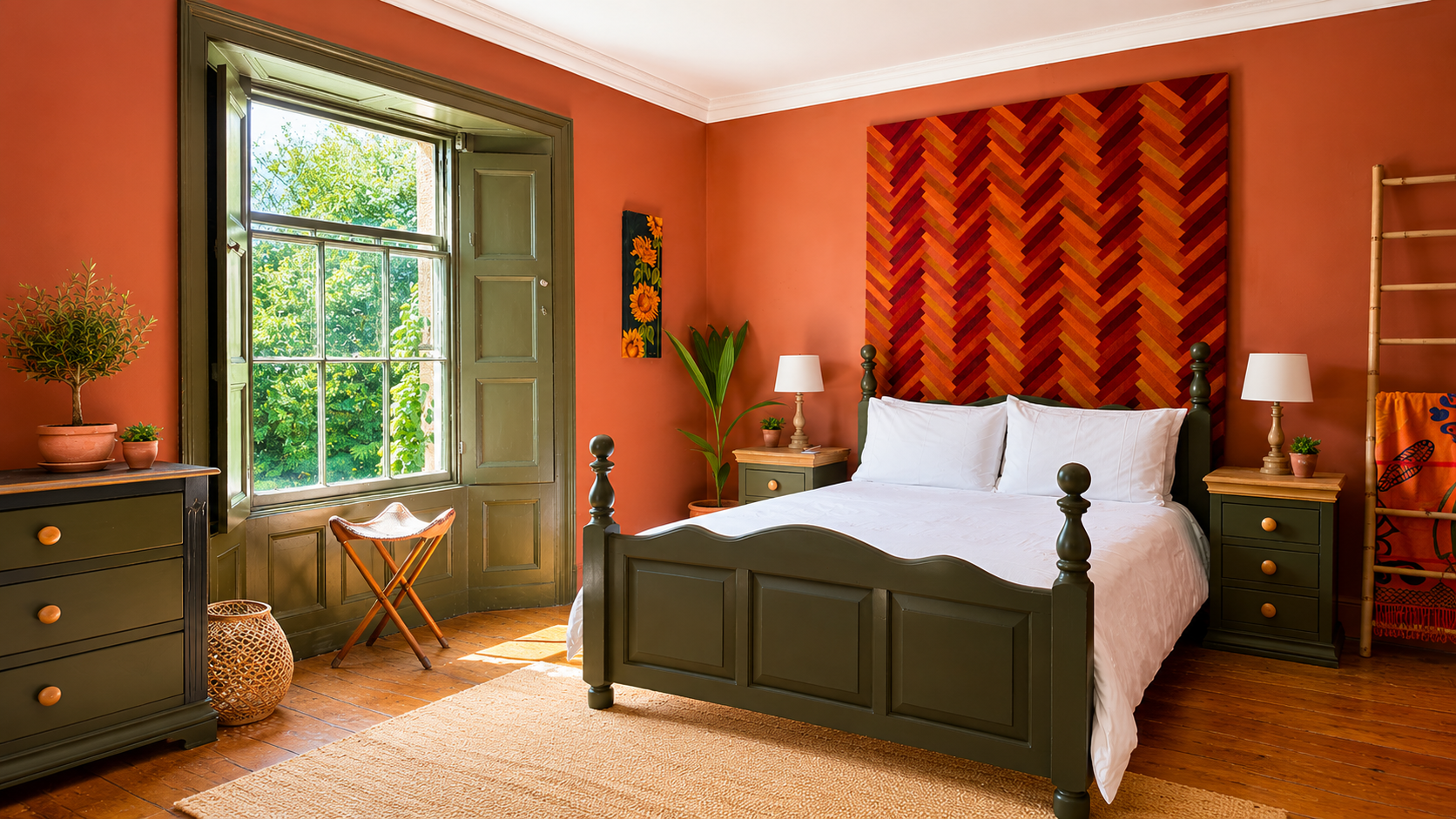 A cozy bedroom with a green wood bed frame, white bedding, and a large colorful geometric headboard. The room has green nightstands with lamps, potted plants, a framed painting, and a window with green shutters. The walls are painted reddish-orange, and the floor is wooden with a beige rug.