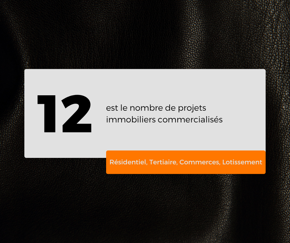 A graphic displaying the number 12, indicating the number of commercial real estate projects, with French text and an orange button.