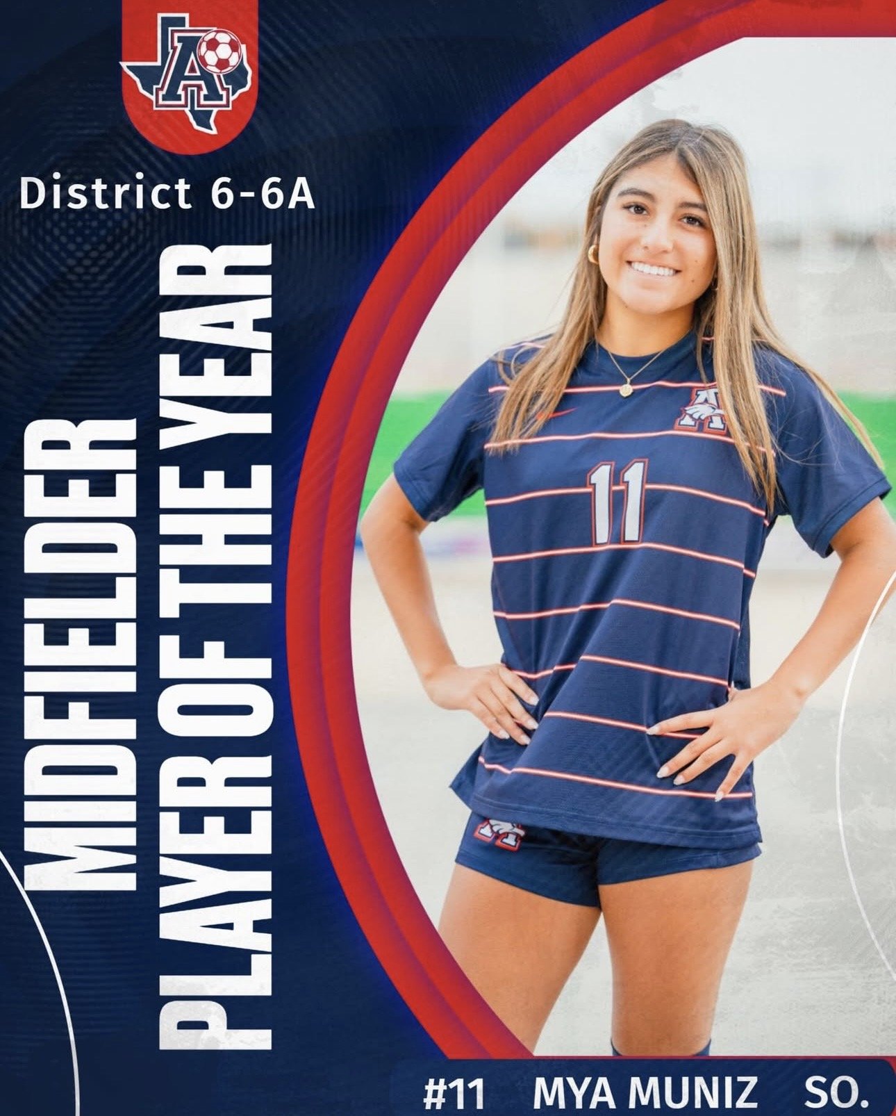 A young female volleyball player in a blue and pink striped uniform with the number 11, standing outdoors with hands on hips and smiling, with a blurred background.