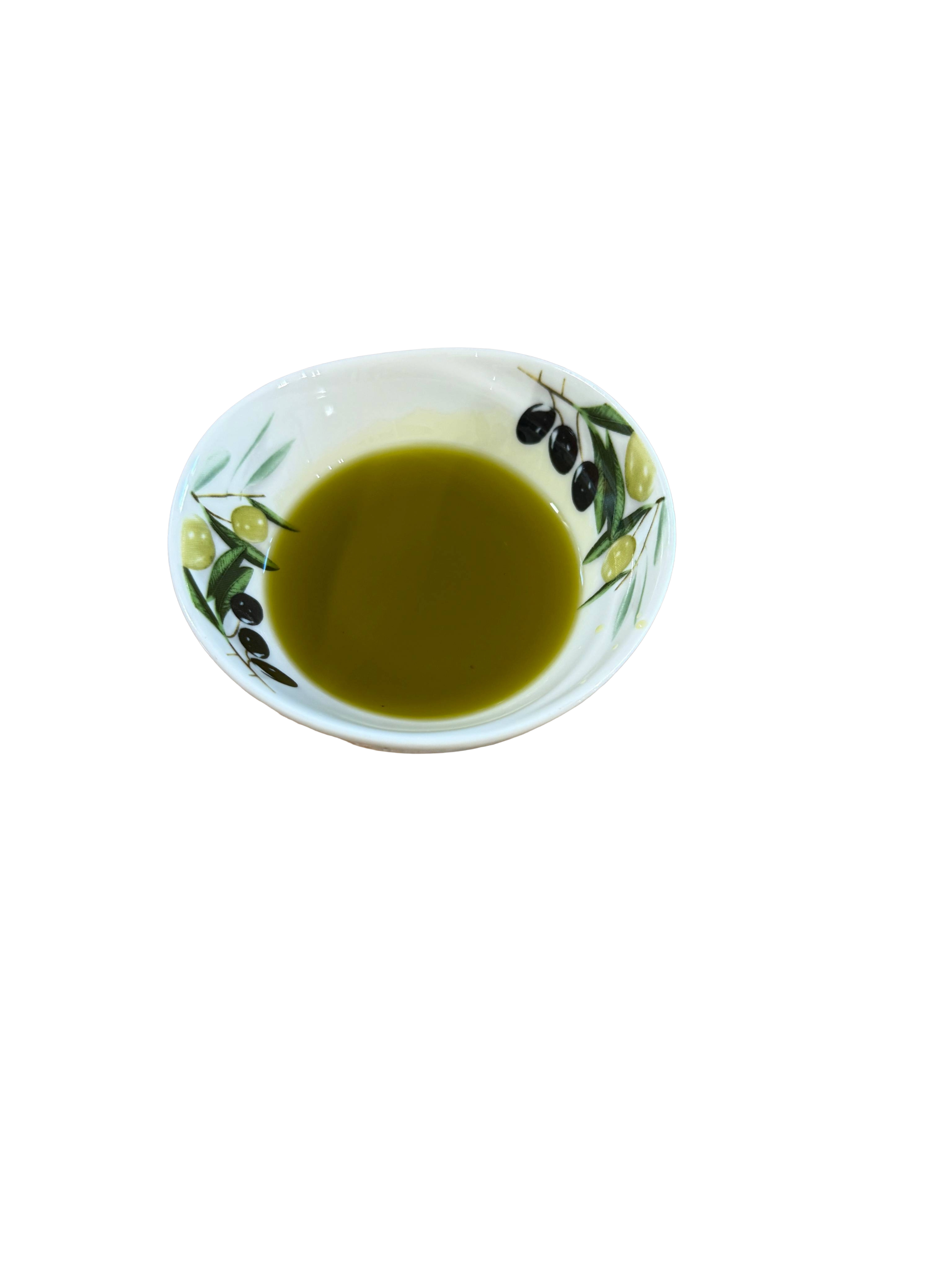 A bowl of deep‑green extra virgin olive oil in a white bowl decorated with olive branches