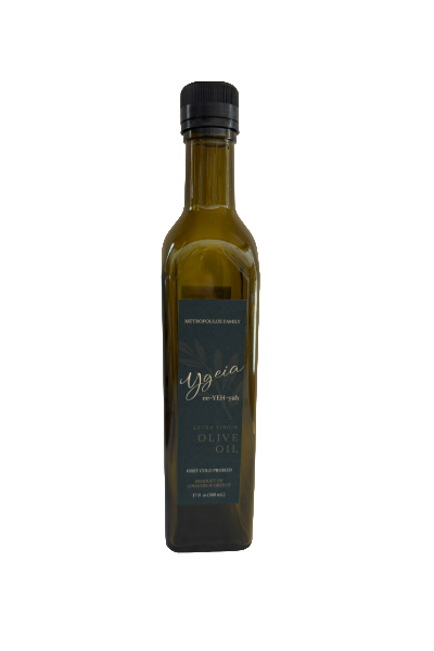 Upright bottle of premium Greek extra virgin olive oil, first cold pressed, product of Logkanikos