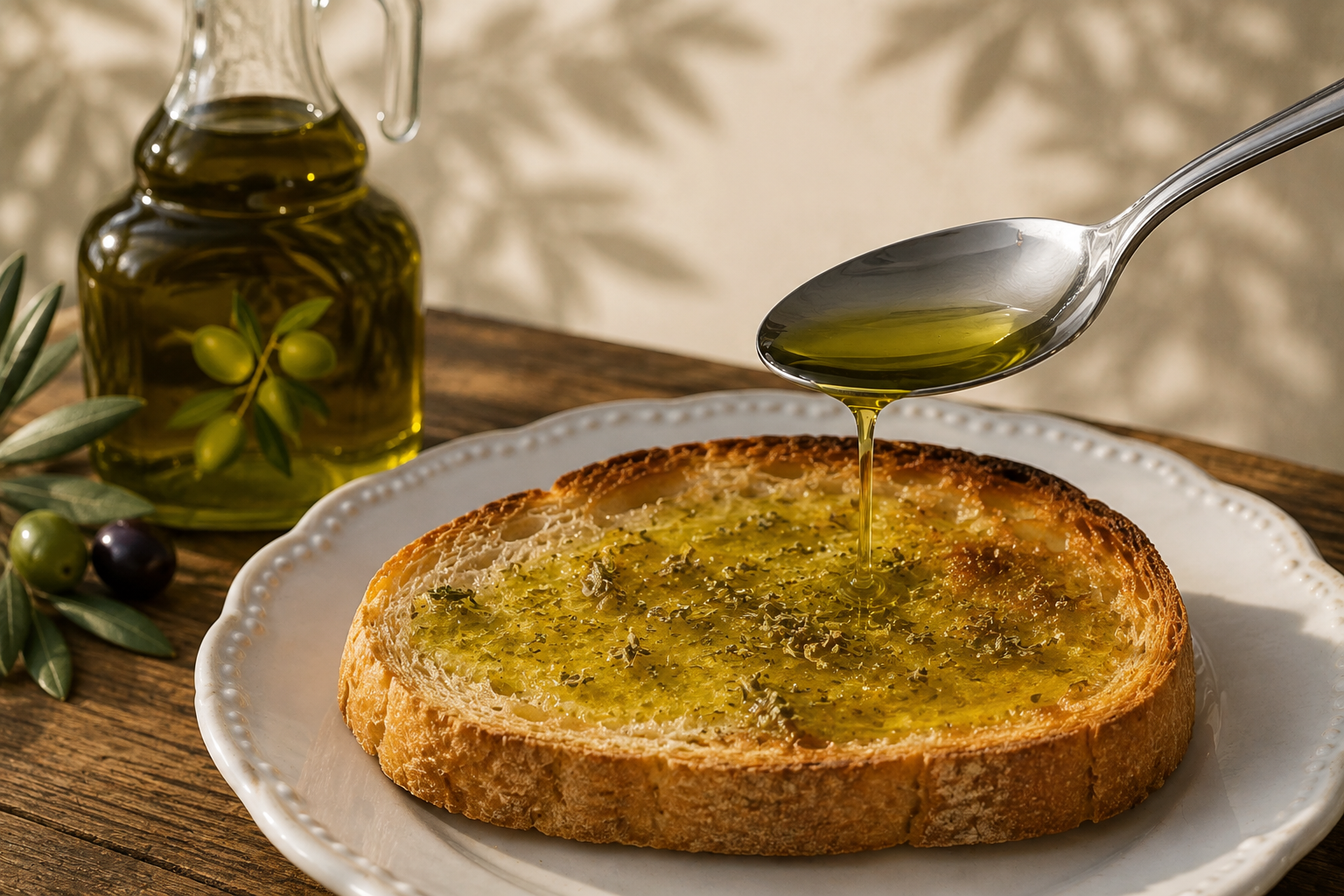 Ygeia olive oil poured over rustic bread in a Mediterranean setting.