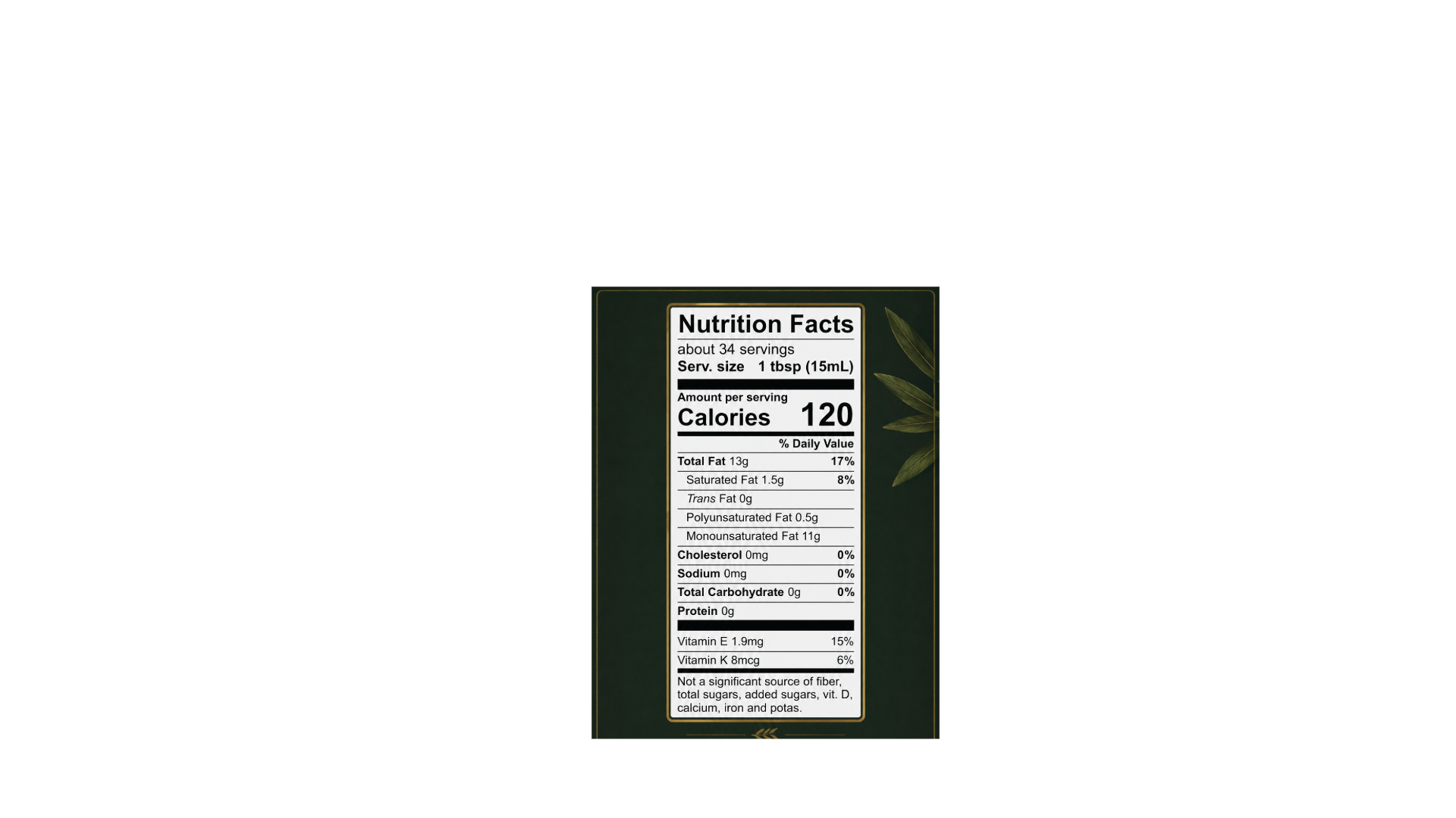 Ygeia Greek Extra Virgin Olive Oil nutrition label showing Nutrition Facts, vitamin E, vitamin K, omega-3 content, Product of Greece, and unfiltered single-estate Greek olive oil information.