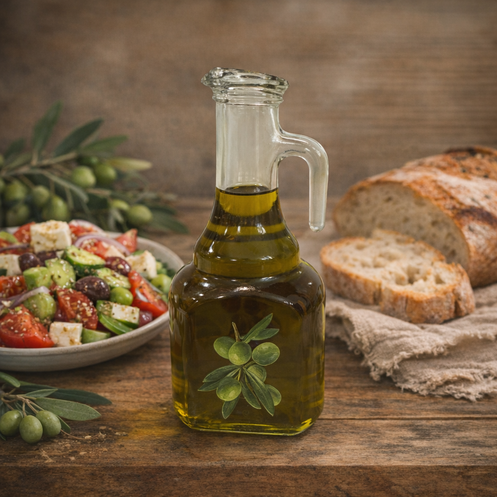 Glass bottle of Ygeia extra virgin olive oil on a rustic wooden table, surrounded by a Greek salad with tomatoes, cucumbers, olives, feta, and herbs on the left, and sliced crusty bread on the right.