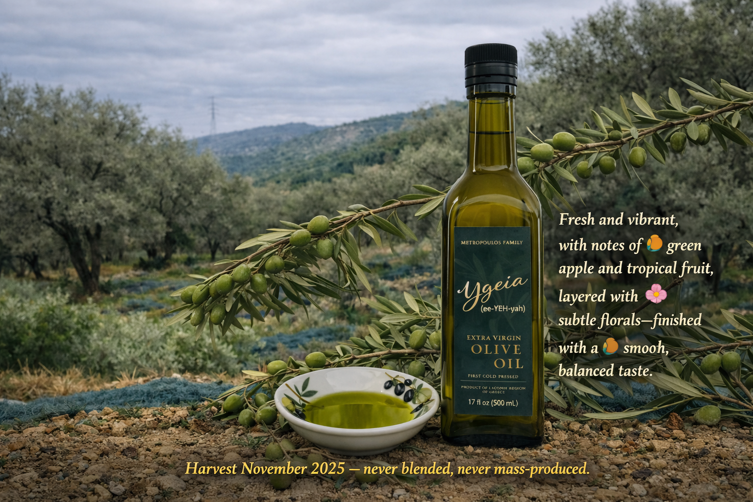 A bottle of Ygea extra virgin olive oil placed on the ground among olive branches with green olives. A small dish of olive oil is in front of the bottle. The background shows an olive grove with trees and rolling hills under a cloudy sky. Overlaid text describes the flavor notes, harvest details, and that the oil is never blended or mass-produced.