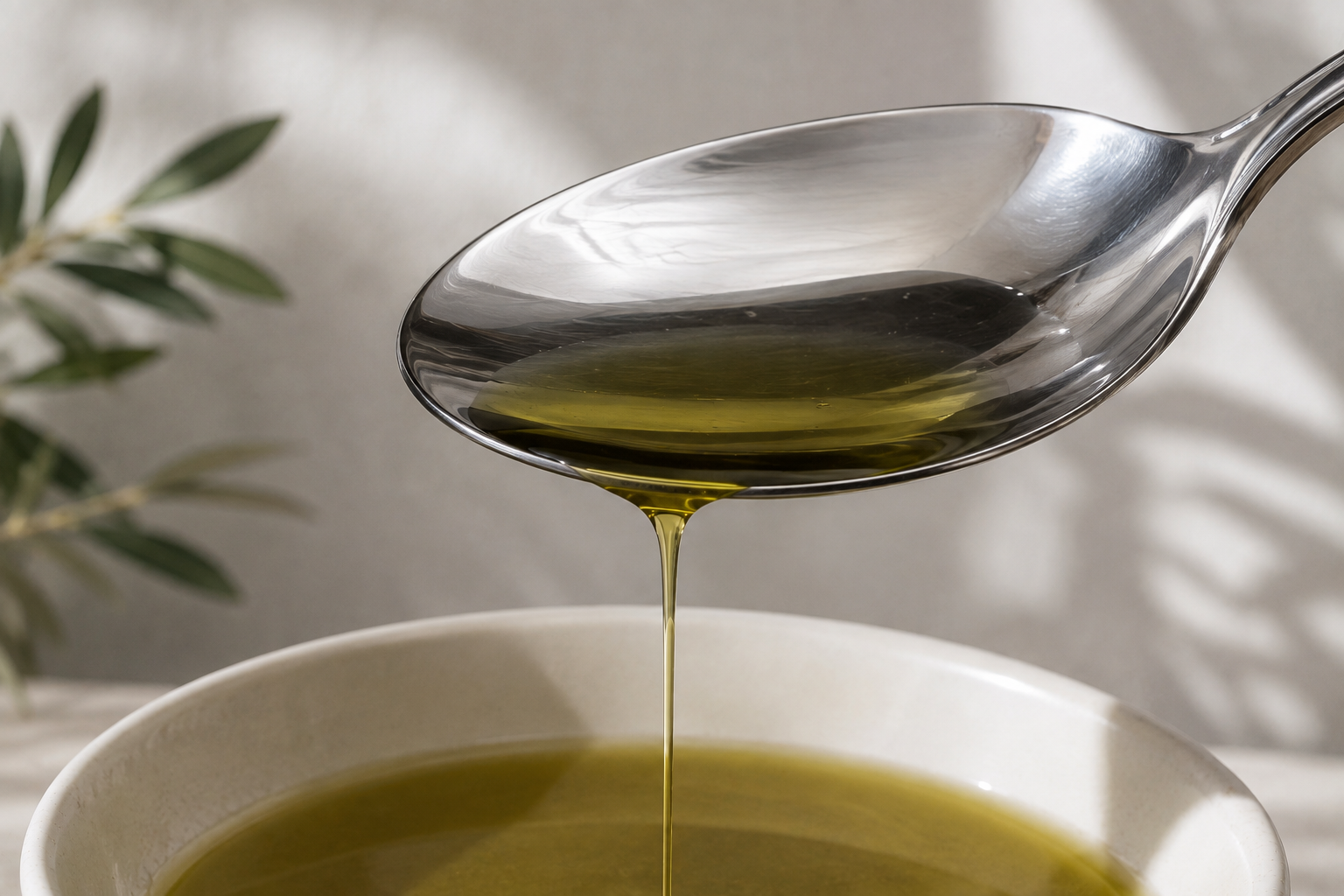 Close-up of olive oil flowing from a stainless-steel spoon into a white ceramic bowl, showing its natural golden-green color