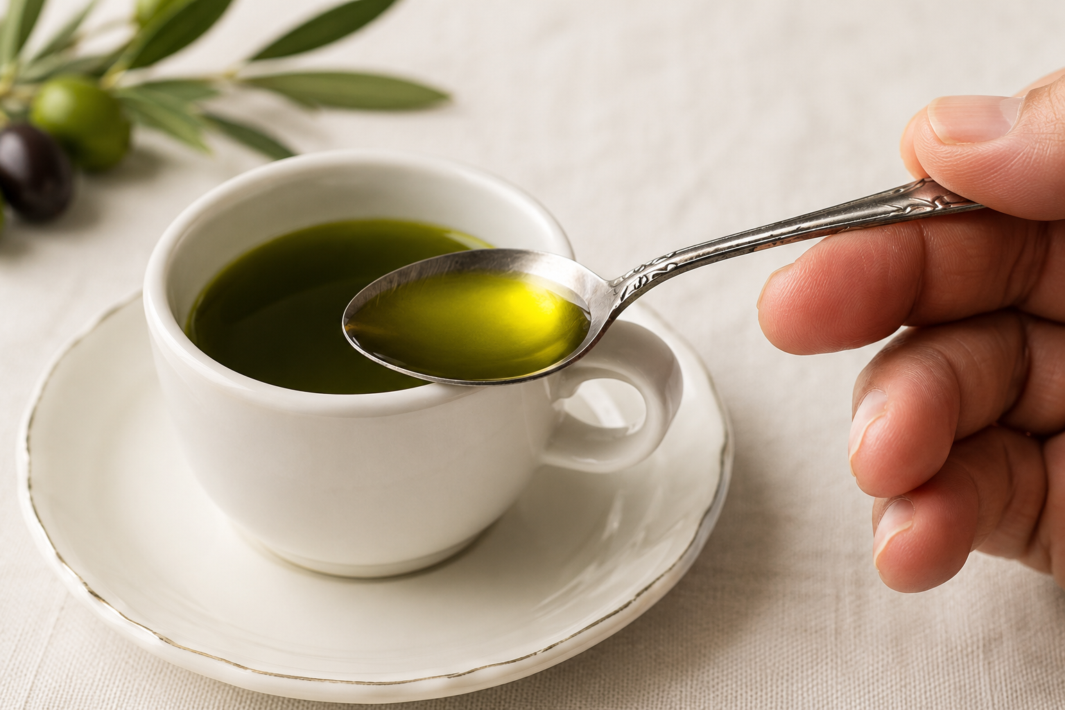 A spoonful of EVOO Ygeia green oil over a white cup, with olive branches in the background.