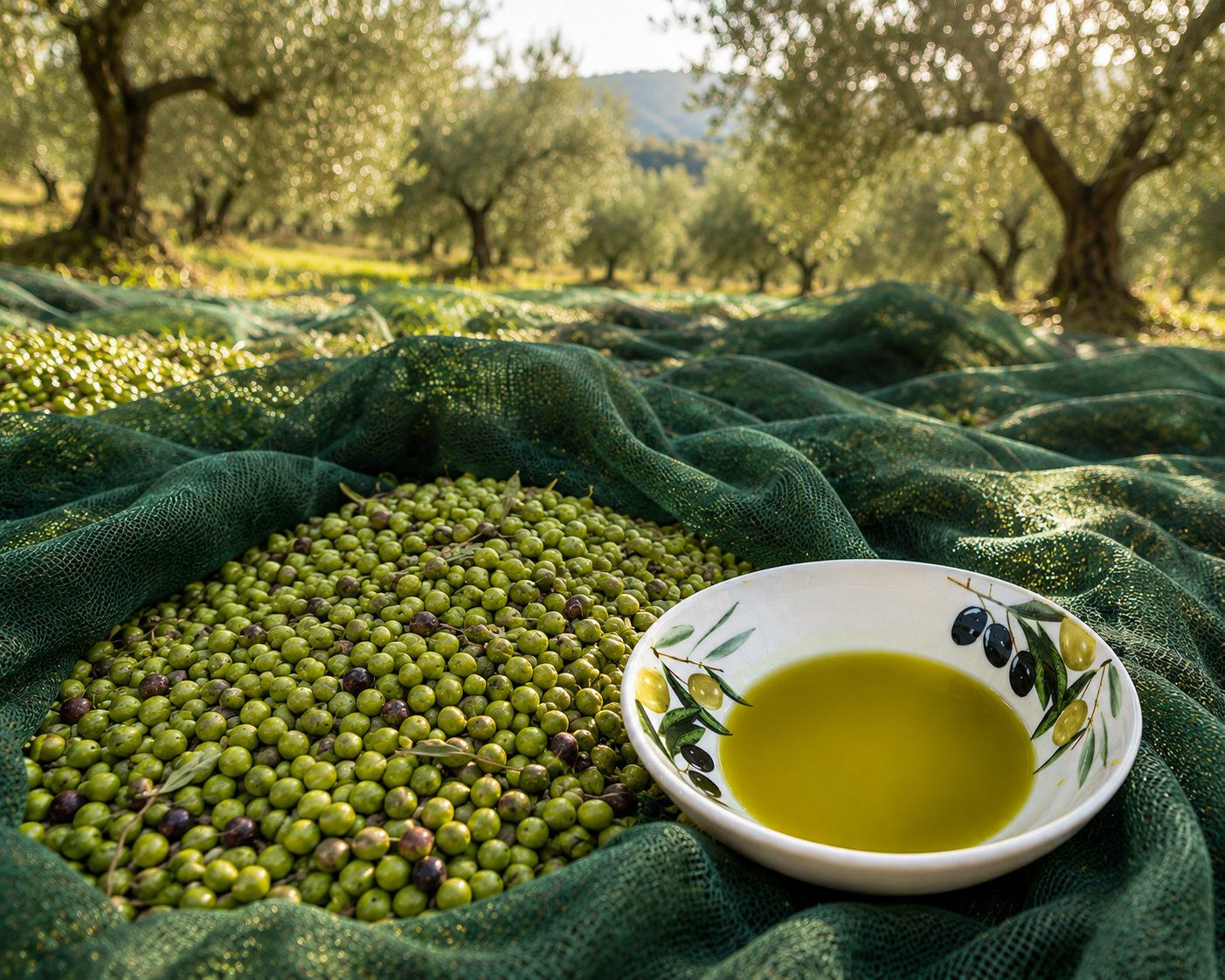 Early-harvest Athinolia olives on harvest nets with a bowl of fresh Greek extra virgin olive oil in the Metropoulos family grove in Logkanikos, Greece