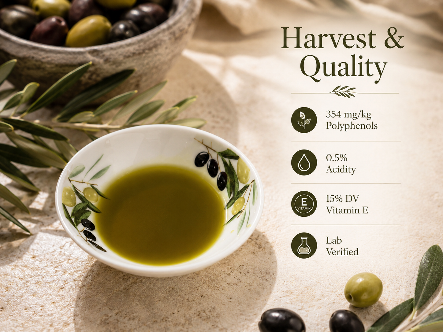 Ygeia Greek extra virgin olive oil in a serving bowl with olives and olive branches, shown alongside 2025 harvest quality highlights including 354 mg/kg polyphenols, 0.5% acidity, 15% DV vitamin E, and lab‑verified results.