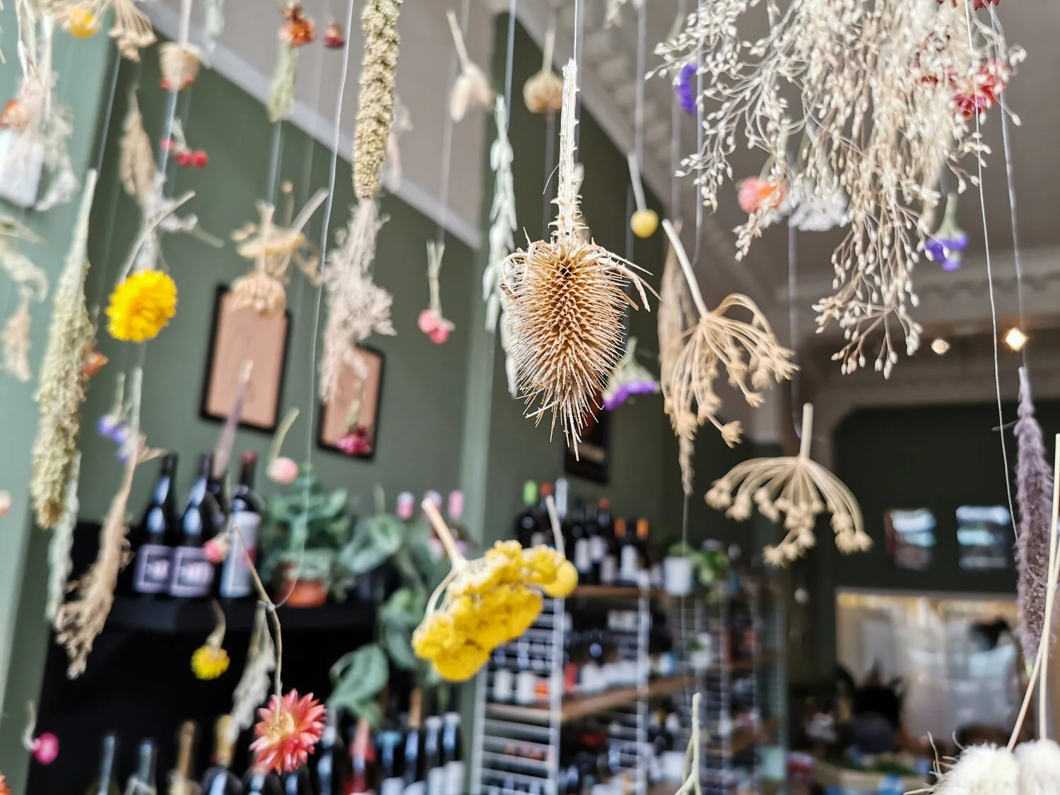Close-up of suspended dried flower canopy installation featuring hanging botanicals in a wine shop setting at WineKraft Edinburgh