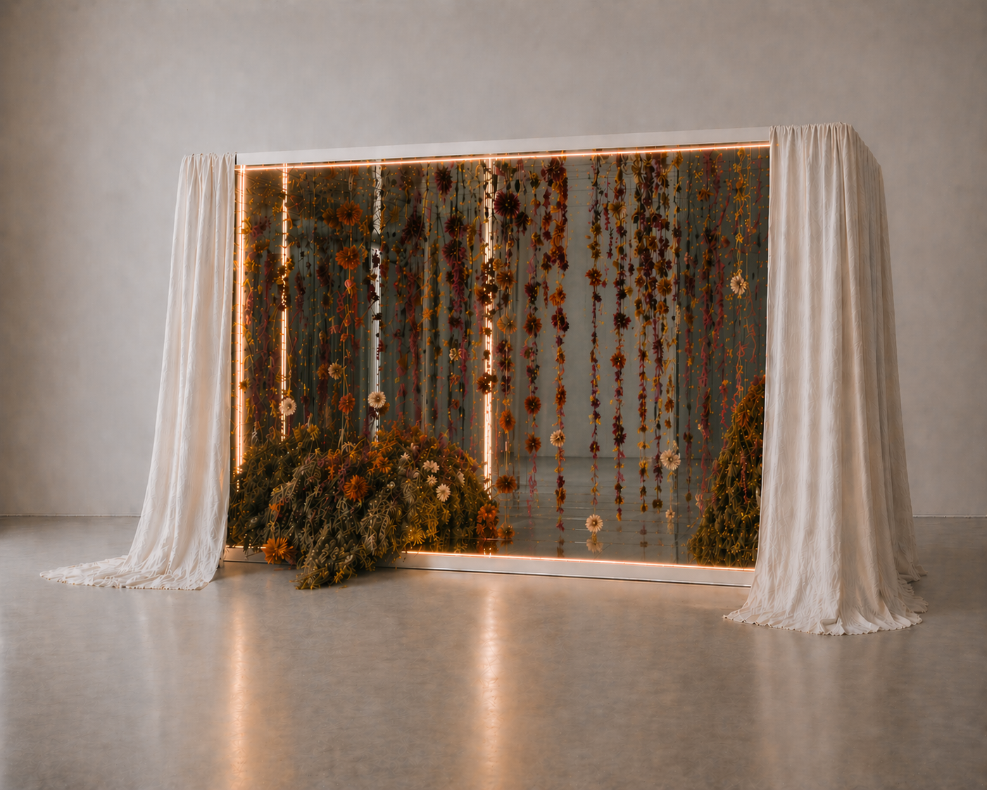 Immersive dried flower mirror installation in autumn tones for luxury events and brand activations in Scotland