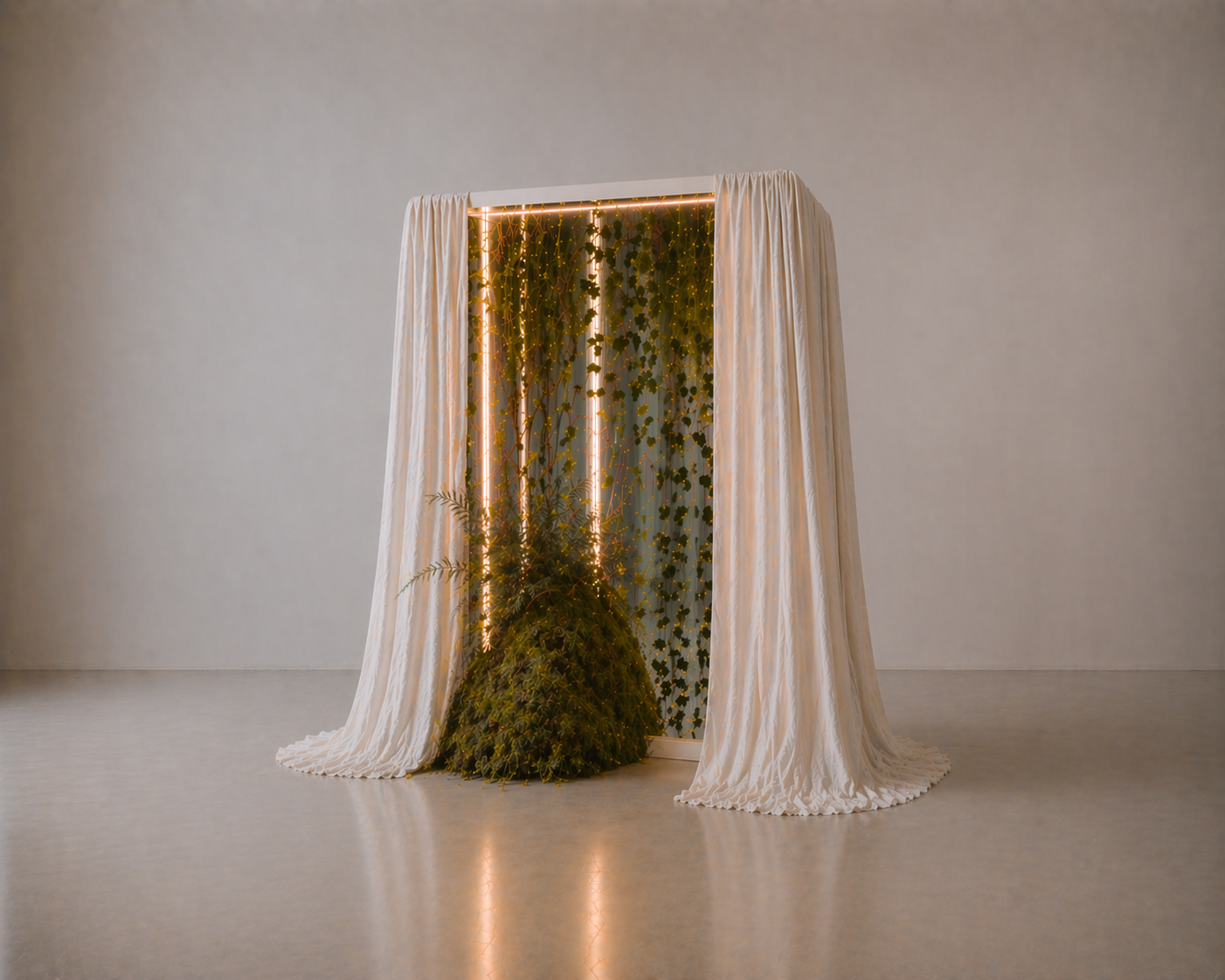 Immersive woodland mirror installation with moss, ivy and ferns for luxury event styling in Edinburgh and Scotland