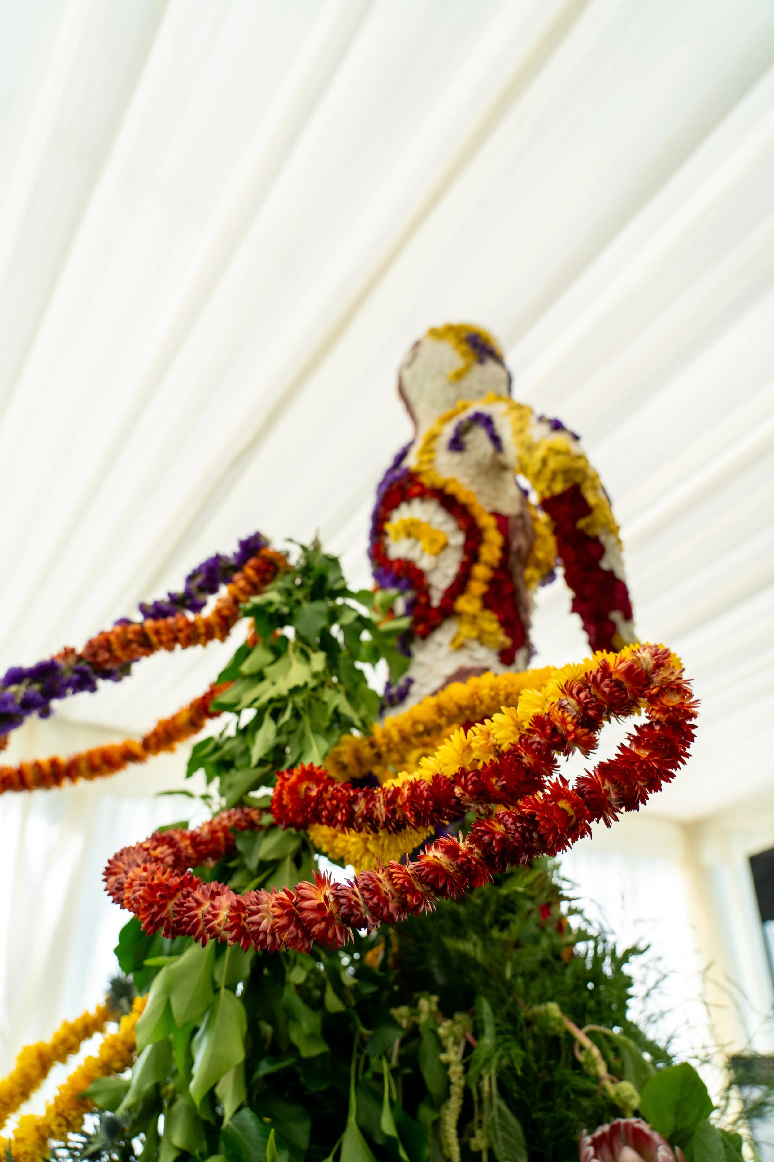 Immersive floral installation with suspended circular arrangements and cascading botanicals creating a sculptural event backdrop