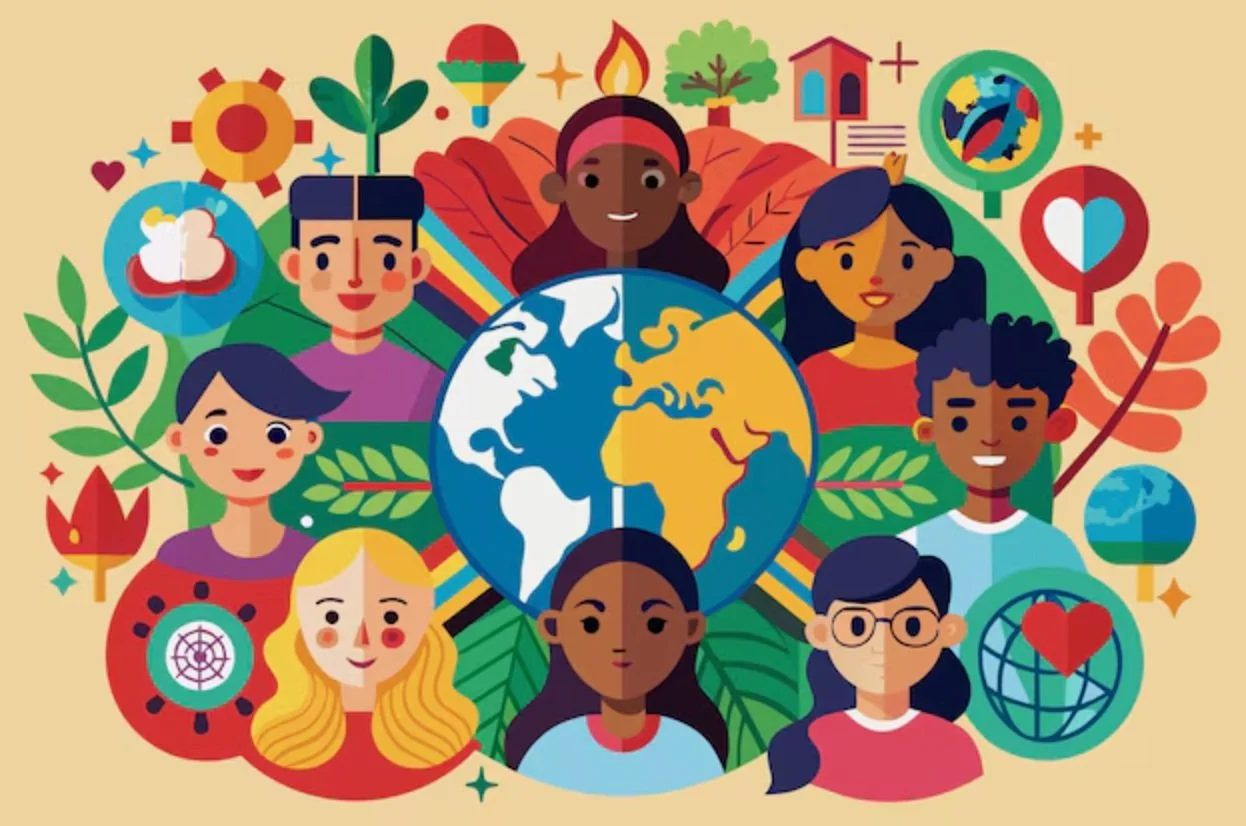 Illustration de personnes de différentes origines ethniques entourant une planète Terre, symbolisant la diversité et l'unité mondiale, avec des éléments de nature et de symboles de paix et d'amour.