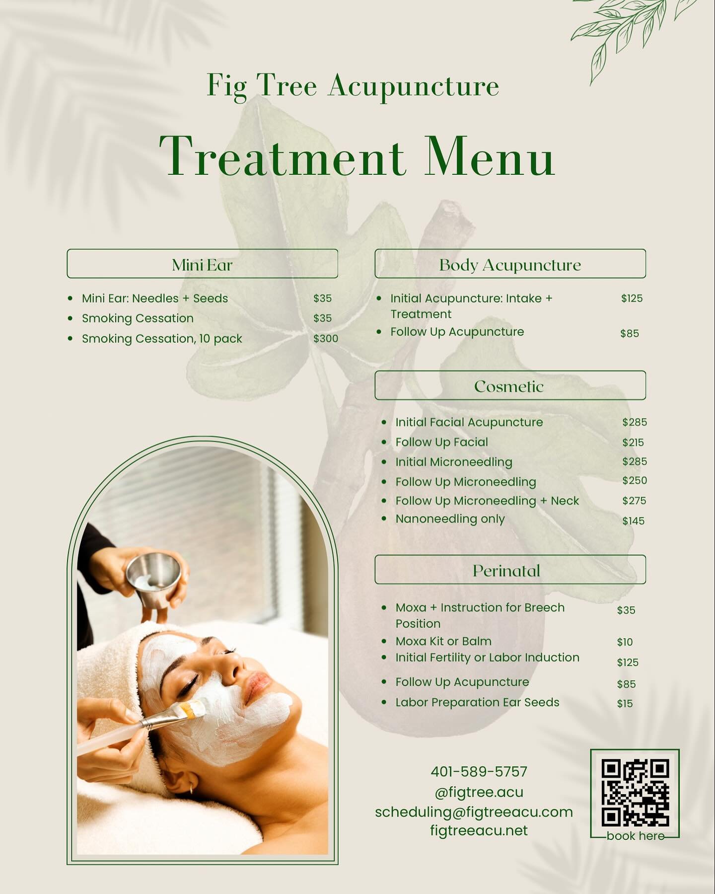 Treatment Menu for 2025 ✨

Please note these are self pay rates + not all services are covered by insurance. 

We continue to be in network for BCBS, Aetna, Harvard Pilgrim + Neighborhood. 

As a reminder, not all policies cover acupuncture + it is t