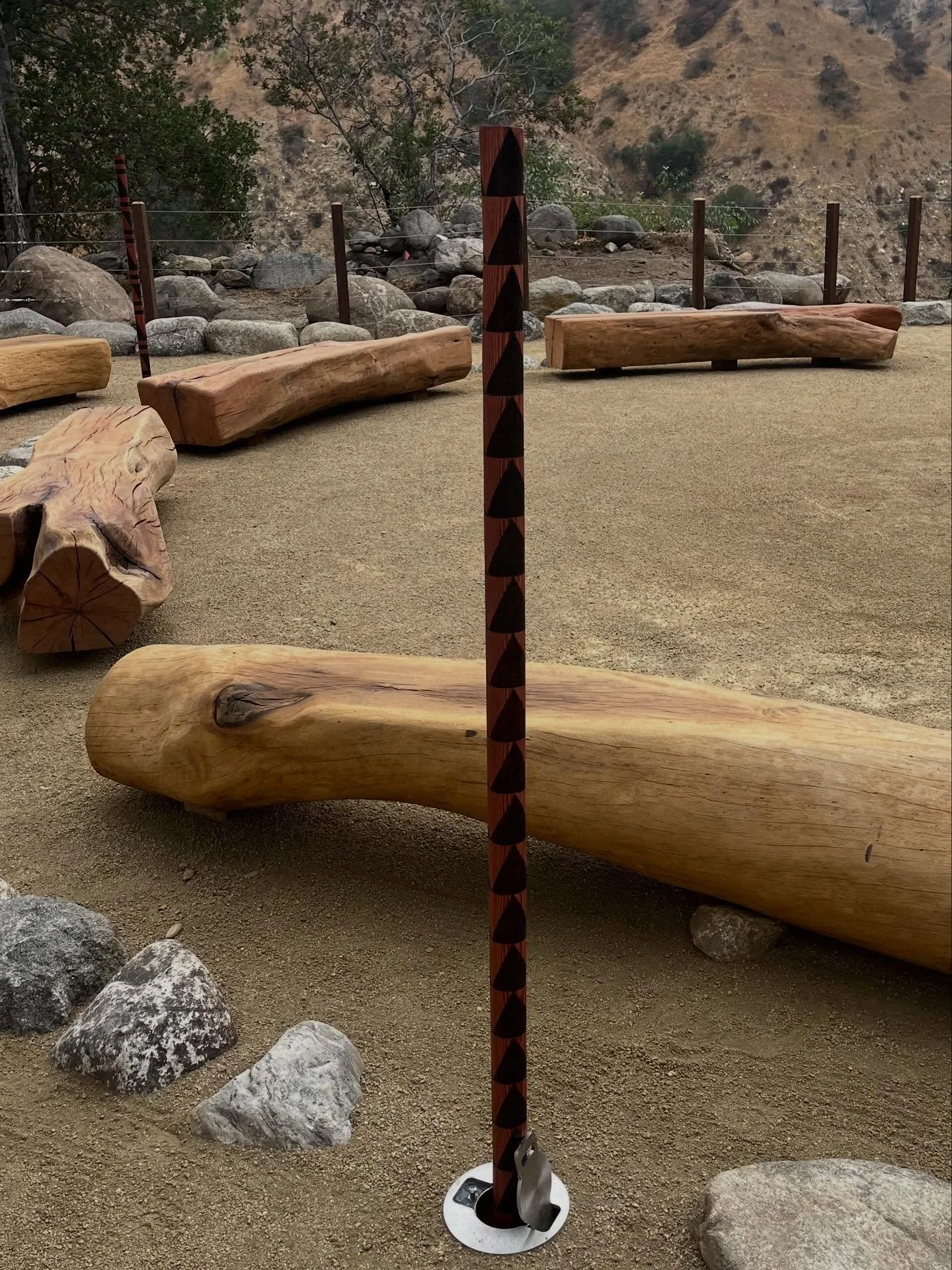 Ceremonial poles by Tongva artist, River Garza.