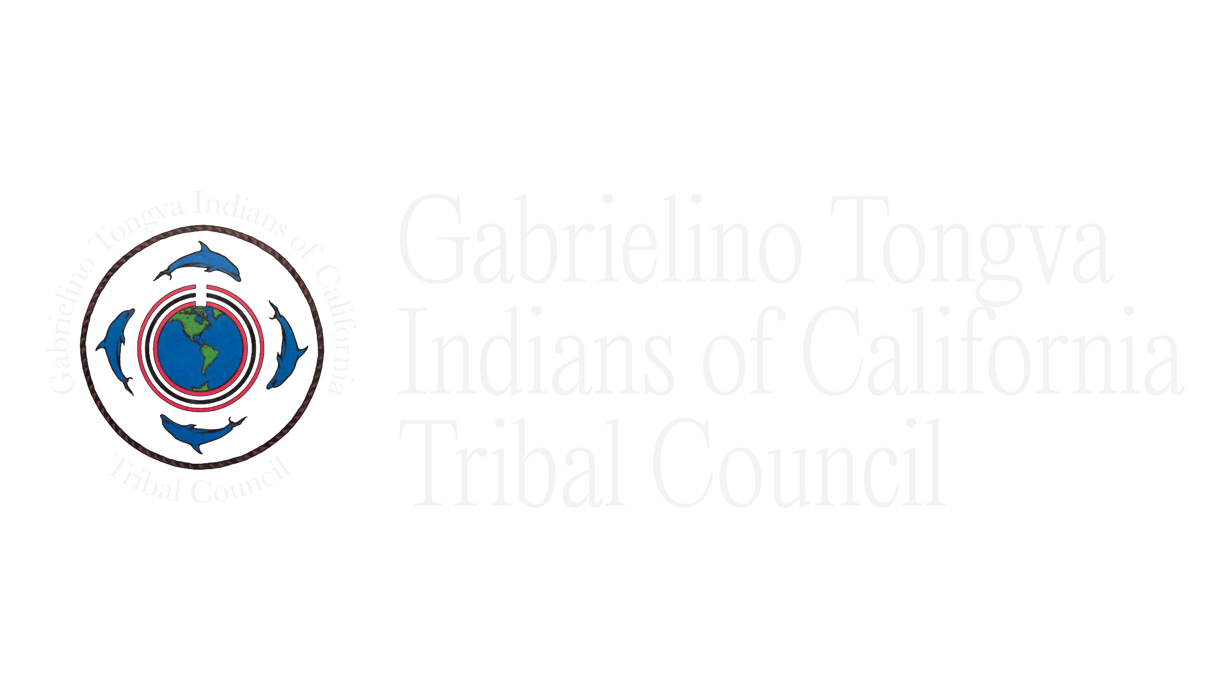 Logo of the Gabrielino Tongva Tribal Council featuring a globe surrounded by five dolphins.