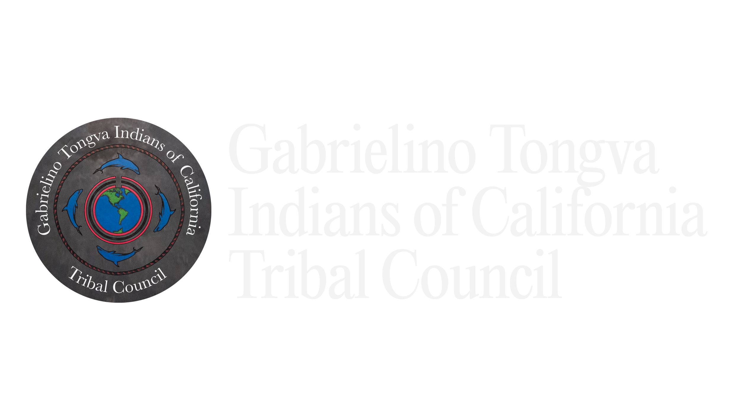 Seal of the Gabrieleno Tongva Indians of California Tribal Council, featuring a globe with the Americas and dolphins around it.