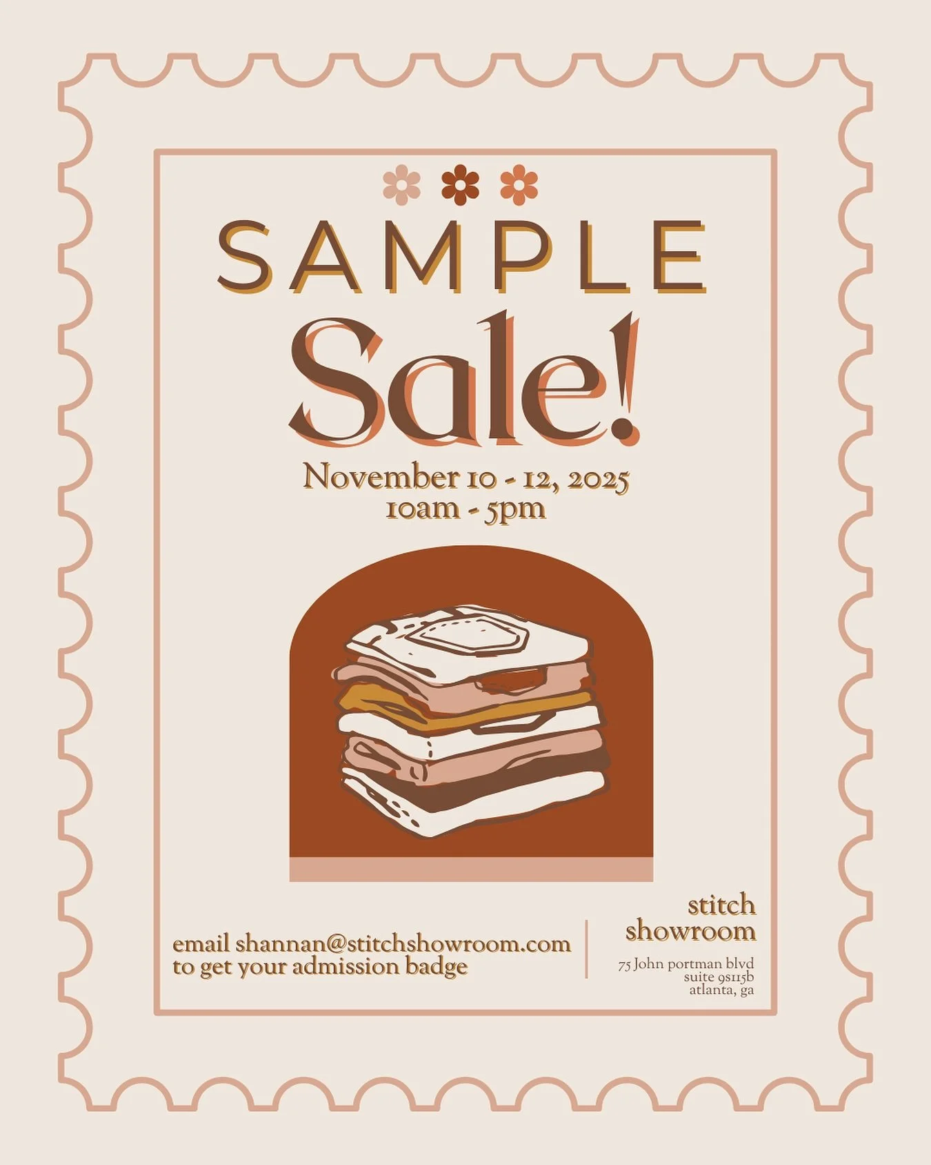 🧵 Sample Sale!
Nov 10&ndash;12 | 10am&ndash;5pm
Stitch Showroom, Atlanta GA
Email shannan@stitchshowroom.com for your badge! ✨