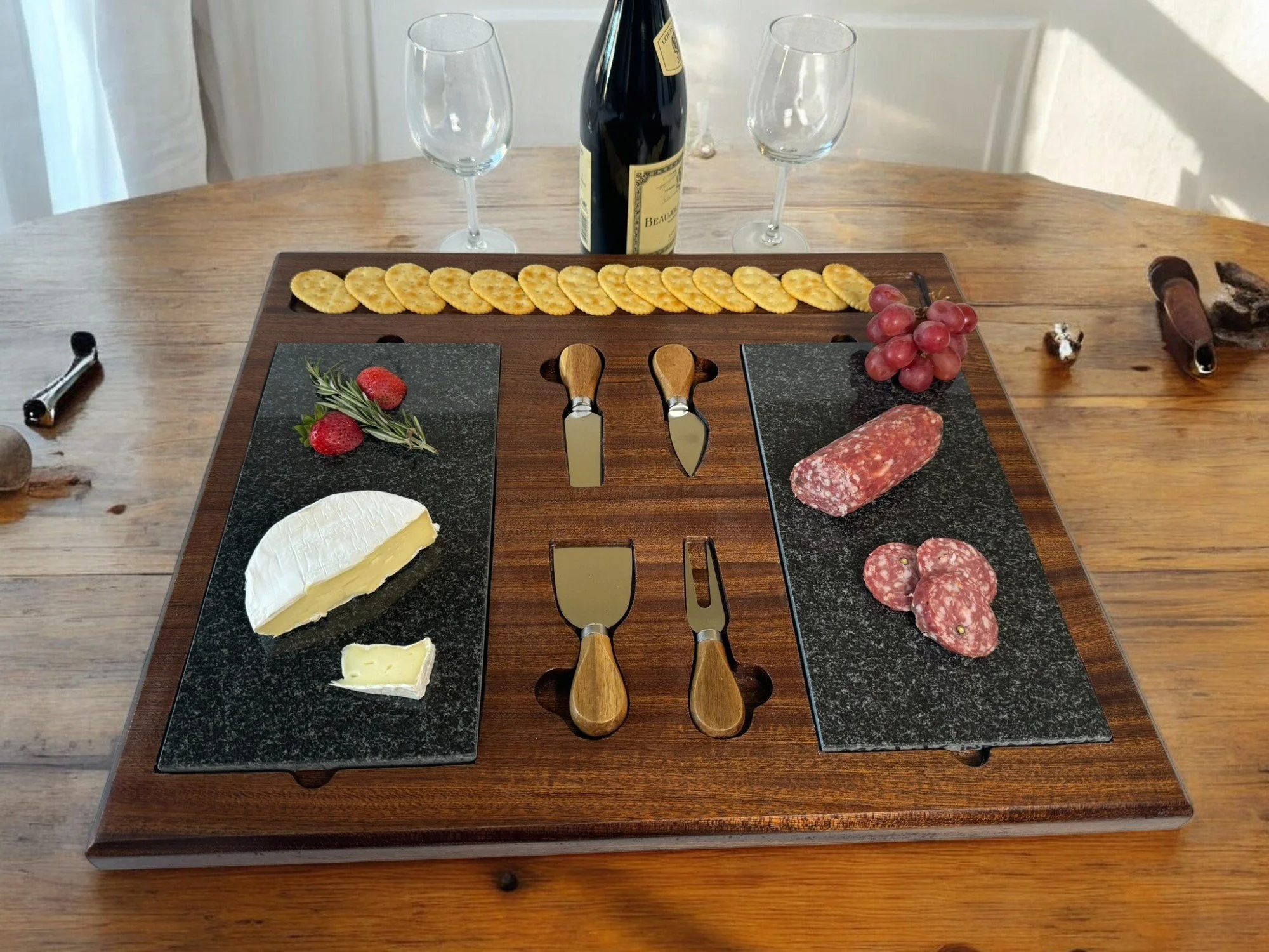 Solid walnut charcuterie board with 4 knives and double green marble inlays