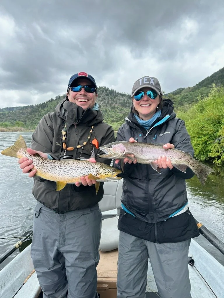 Doubled up again! Two happy clients with two big fish they caught on a guided fly fishing trip on the Missouri River