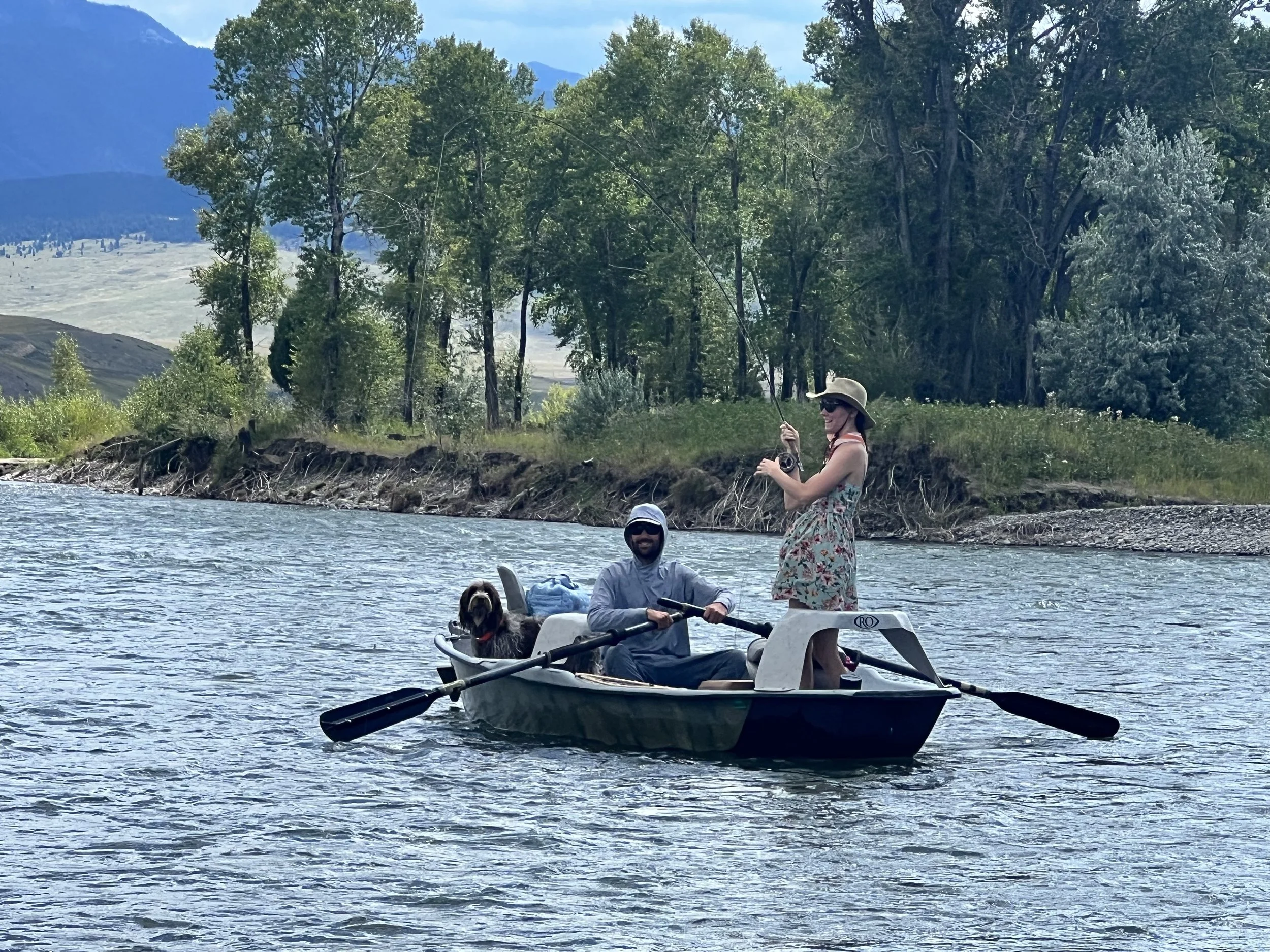 Fly fishing guide rowing drift boat while client fights a big brown trout in southwest Montana