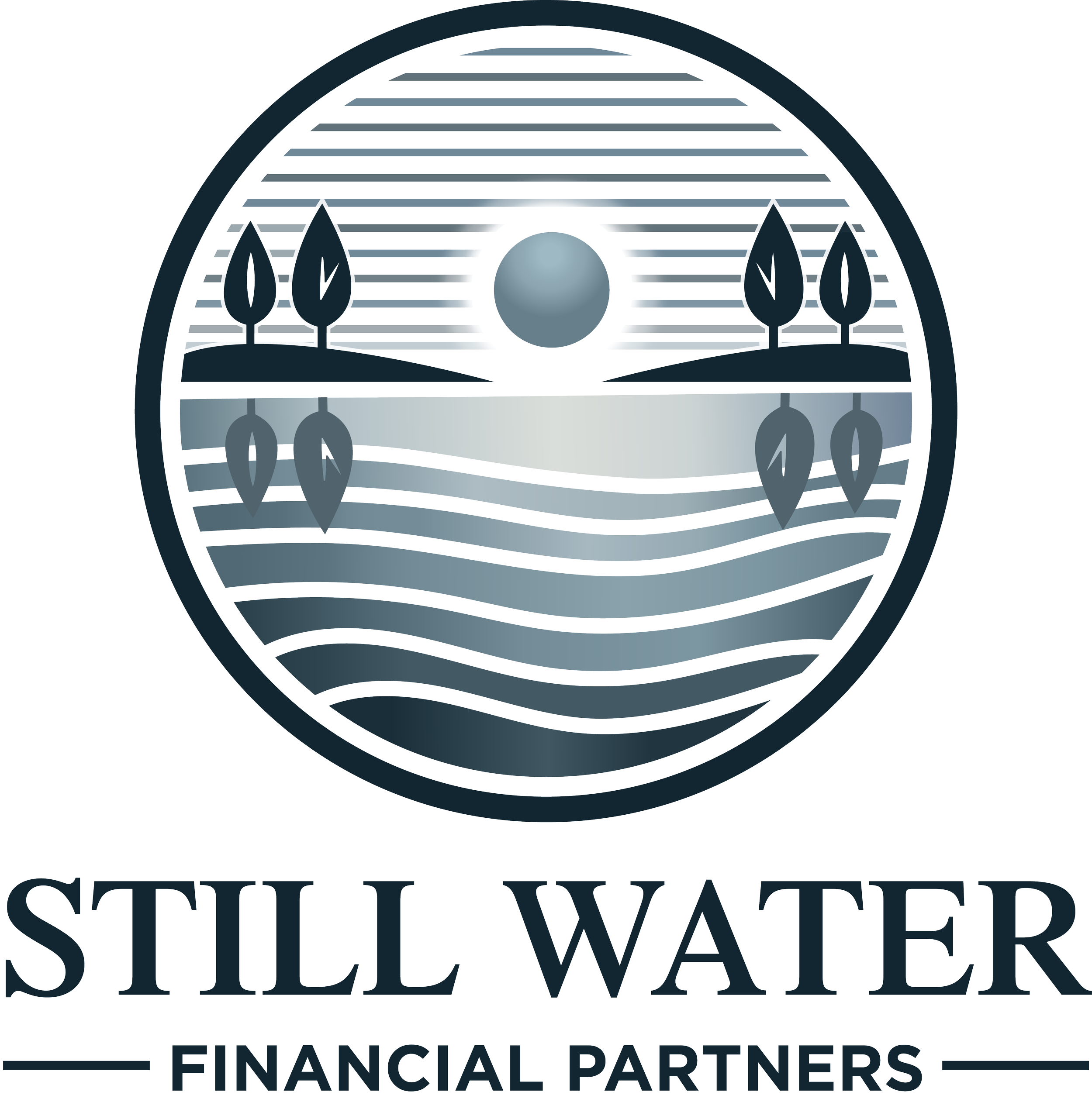 Logo with circular design featuring landscape with trees, water, and reflection, and the words "Still Water Financial Partners".