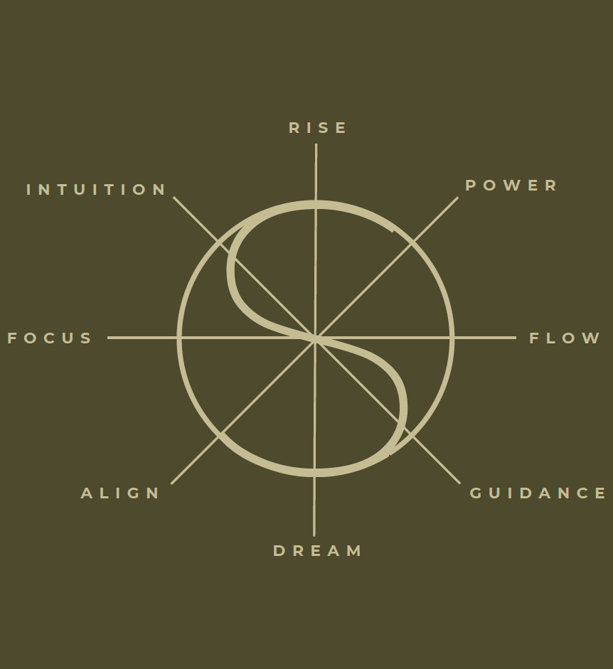 En cirkel med citater som 'RISE', 'POWER', 'FLOW', 'GUIDANCE', 'DREAM', 'ALIGN', 'FOCUS', 'INTUITION' omkring, med en snoet linje igennem i en designet graf.