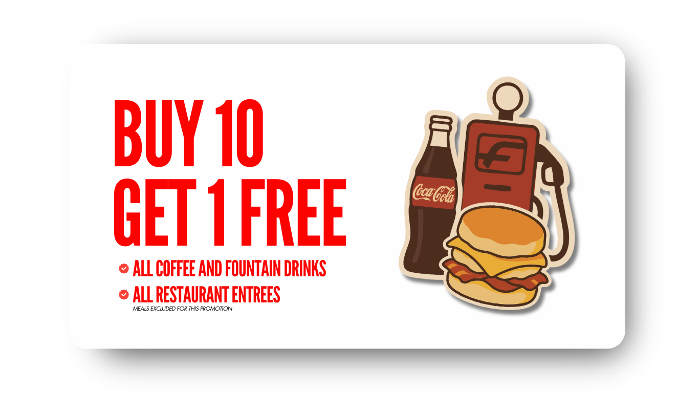 Offer poster with red text stating 'Buy 10 Get 1 Free,' featuring illustrations of a Coca-Cola bottle, a soda machine, and a sandwich with bacon, cheese, and bread. Small text notes the promotion applies to all coffee, fountain drinks, and restaurant entrees, excluding meals.