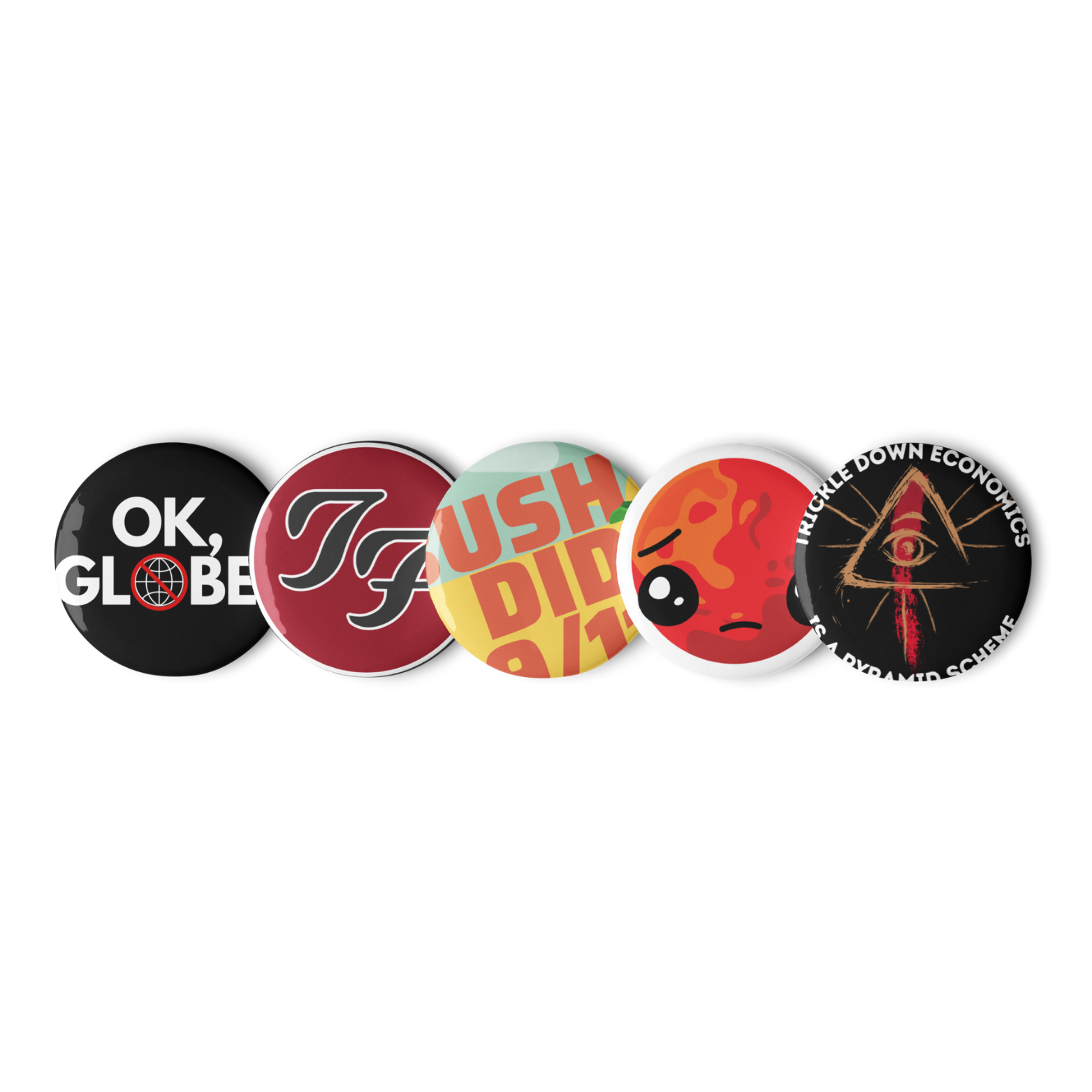 Funny conspiracy satire enamel pin set with 5 Theory Fury designs.