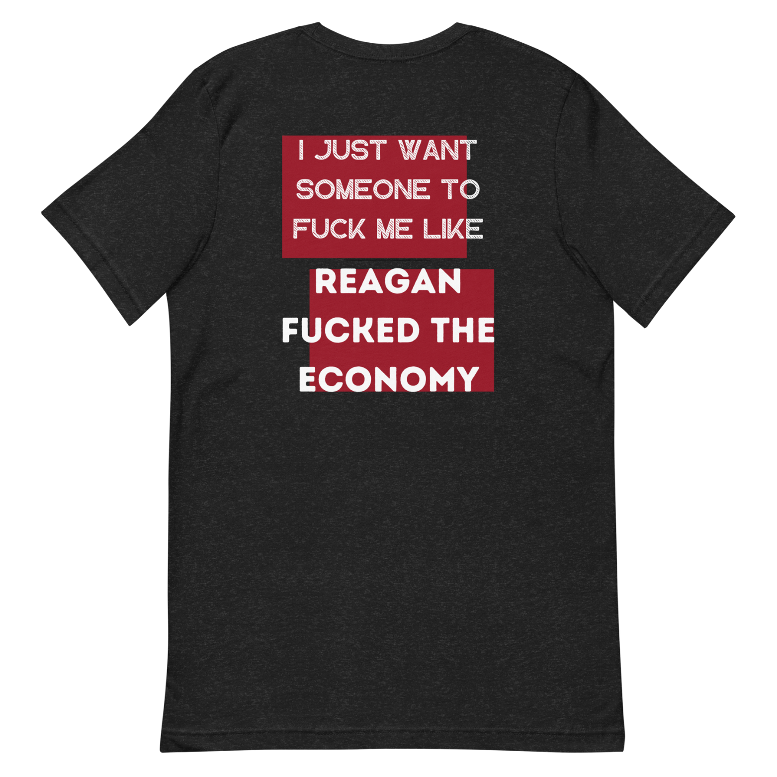 Funny Reagan economy satire heather gray shirt with bold political protest design.