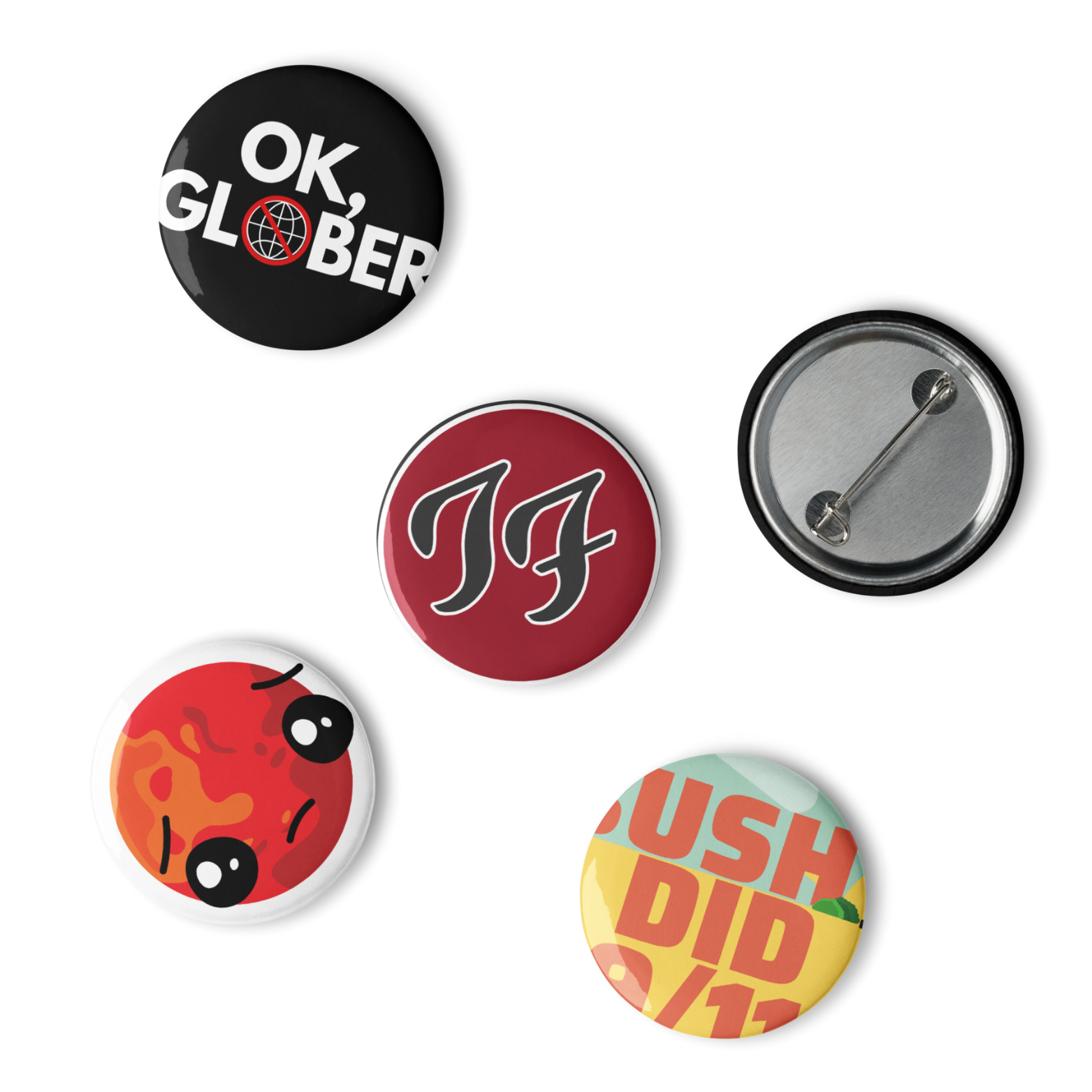 Funny conspiracy satire enamel pin set with 5 Theory Fury designs.