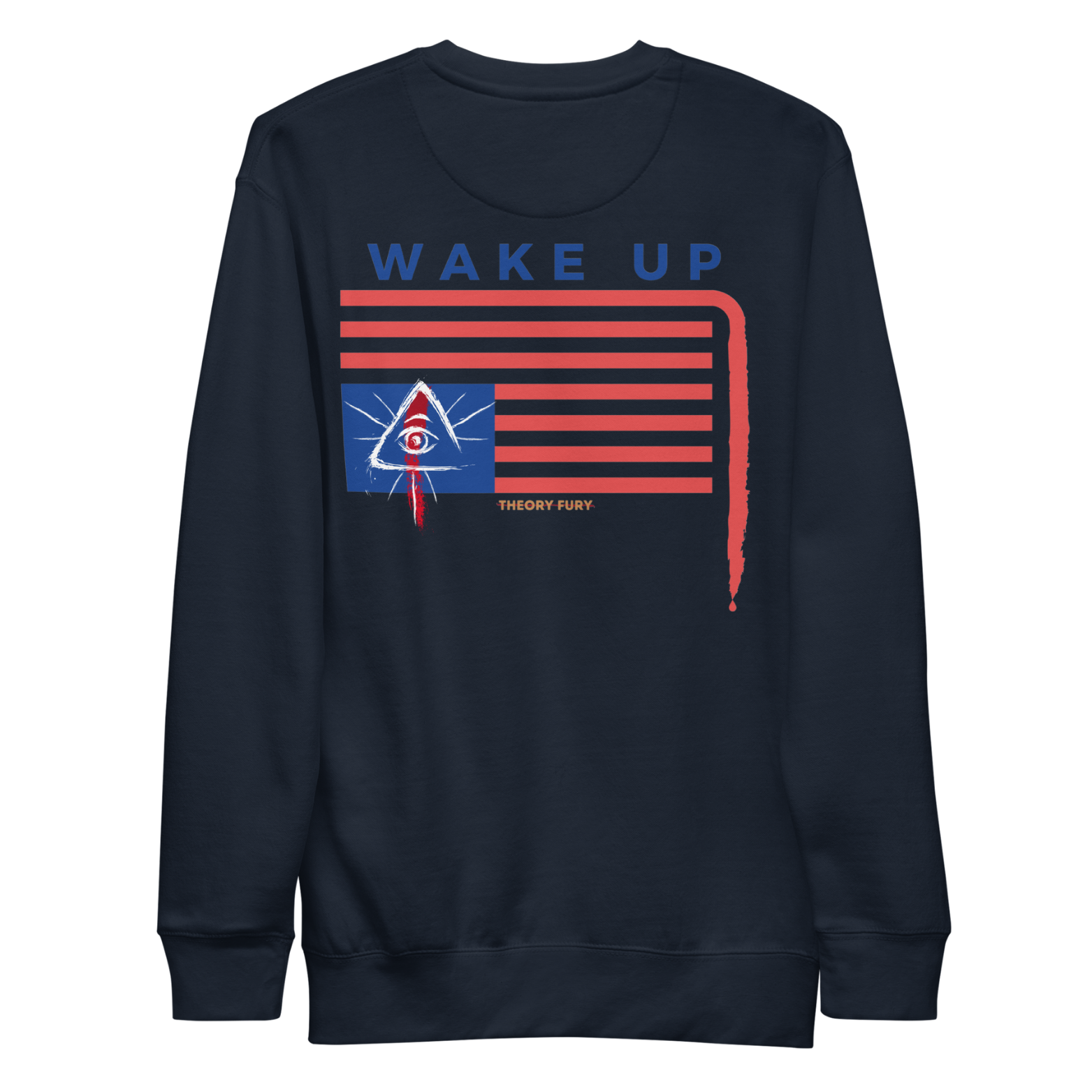 Navy Wake Up upside-down flag crewneck with dripping blood stripe conspiracy satire.