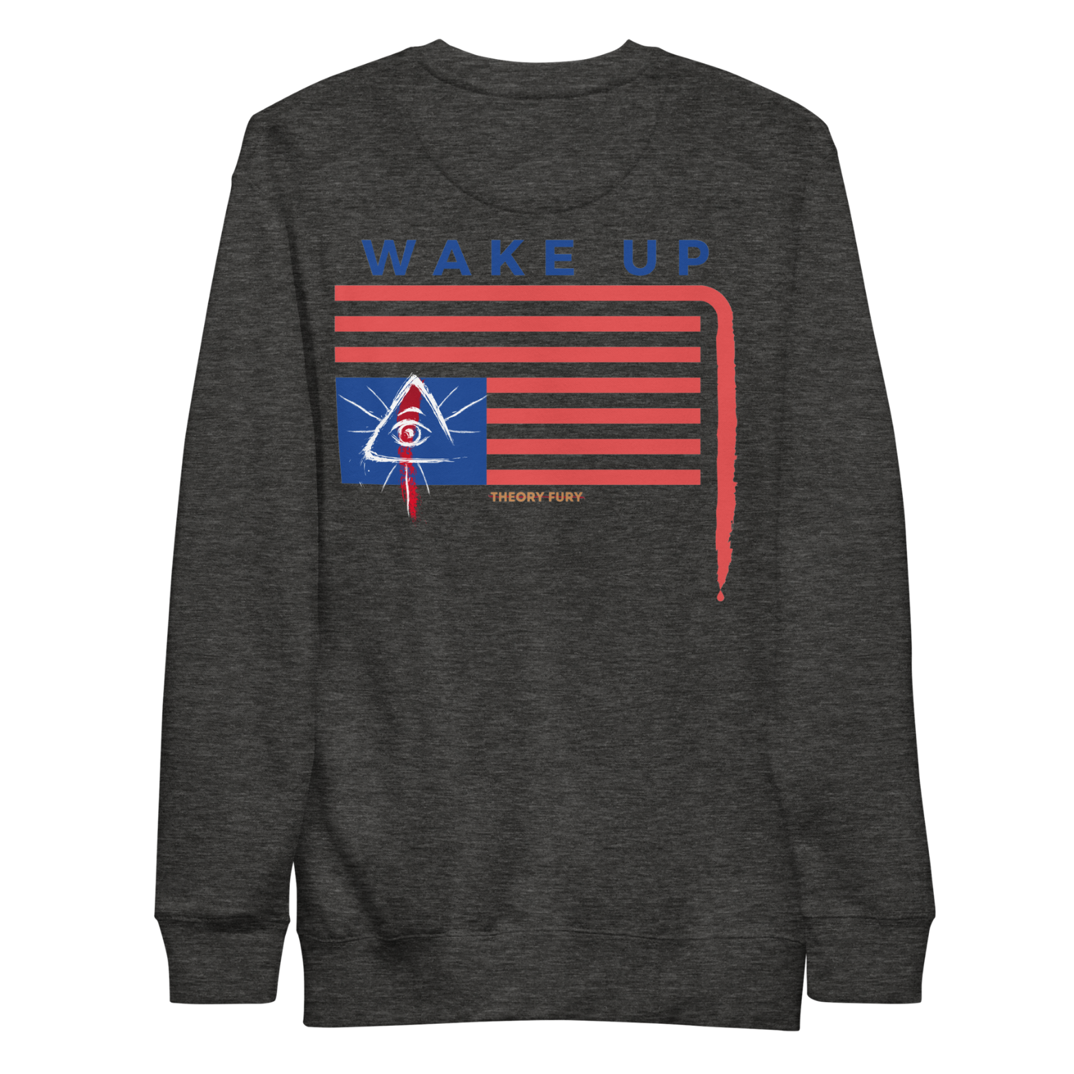 Heather gray Wake Up upside-down flag crewneck with dripping blood stripe conspiracy satire.