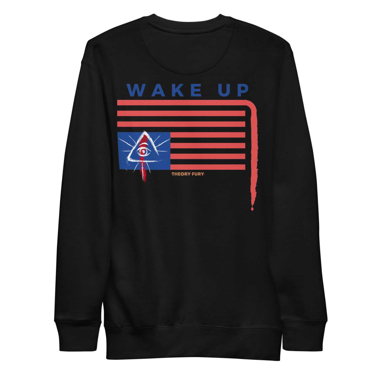 Black Wake Up upside-down flag crewneck with dripping blood stripe conspiracy satire.