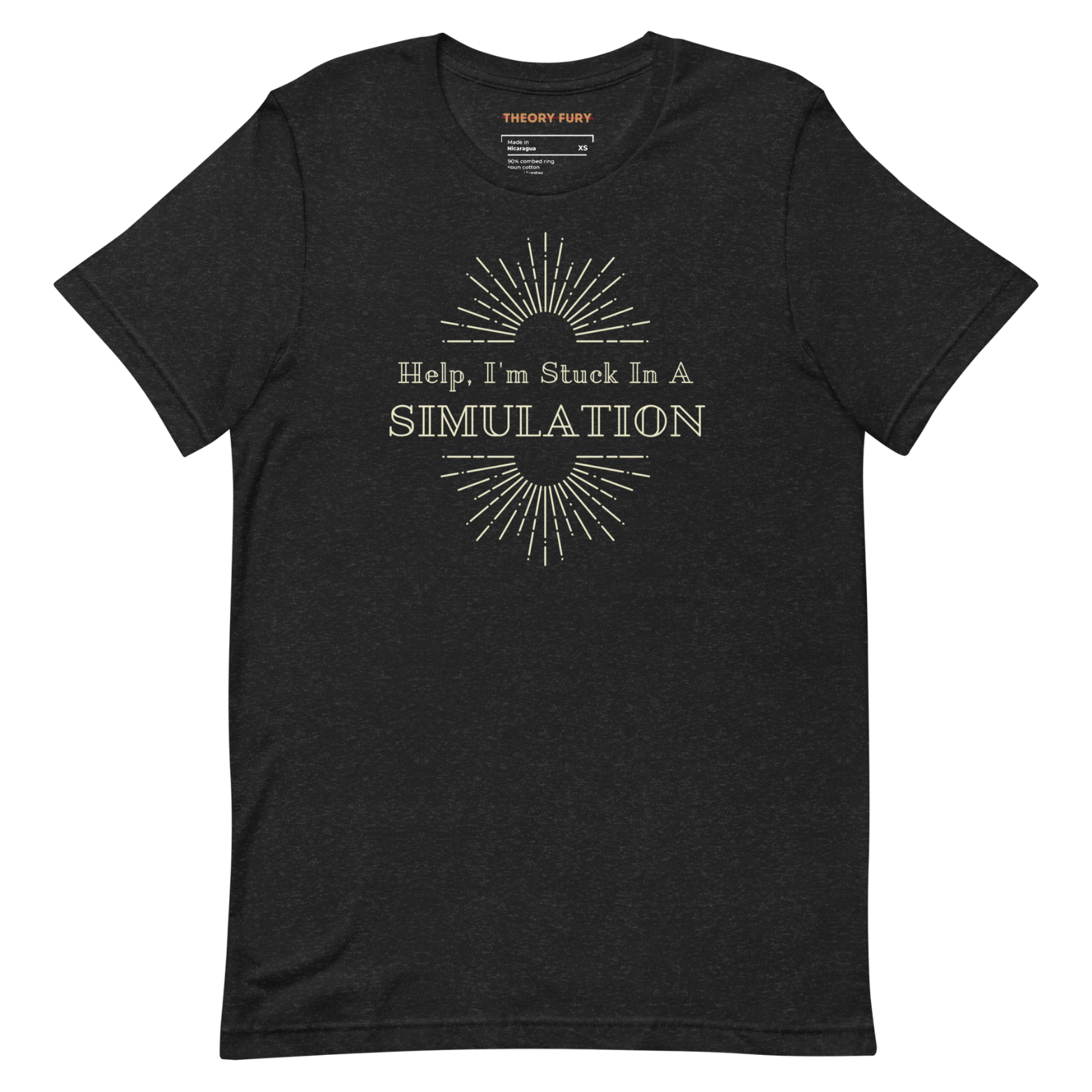 Heather gray Help I’m Stuck in a Simulation shirt with bold art deco satire design.