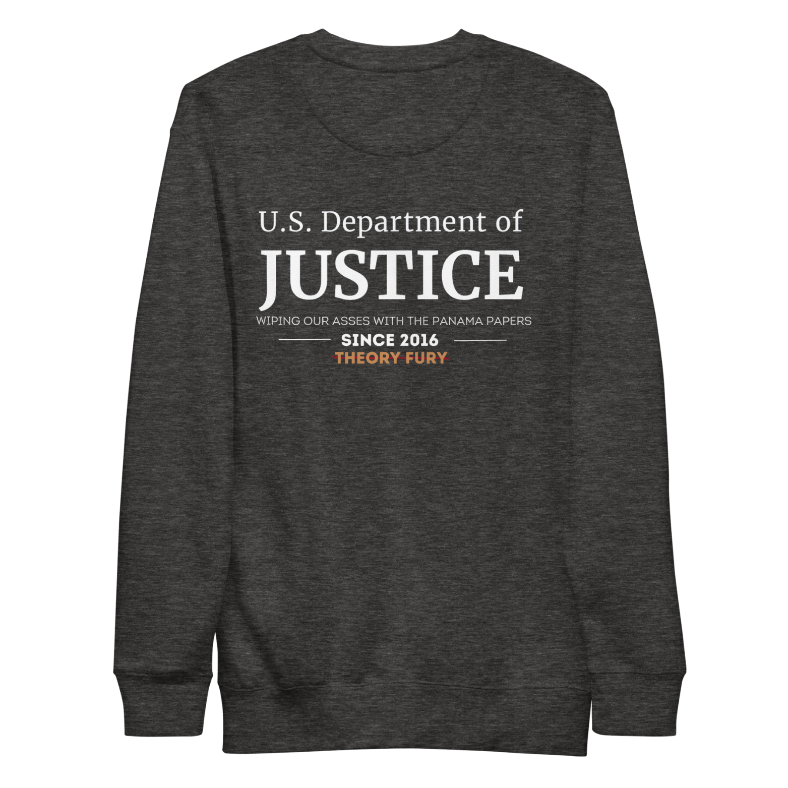 Heather gray DOJ Panama Papers political satire crewneck calling out corruption.