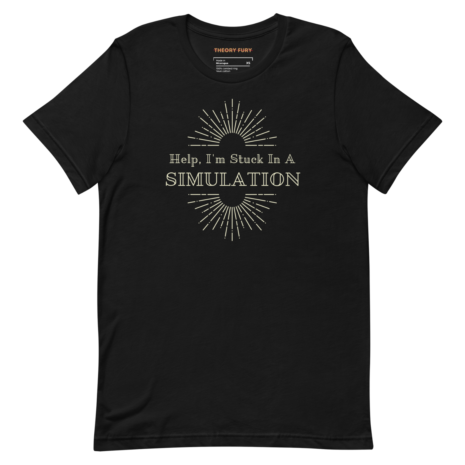 Black Help I’m Stuck in a Simulation shirt with bold art deco satire design.
