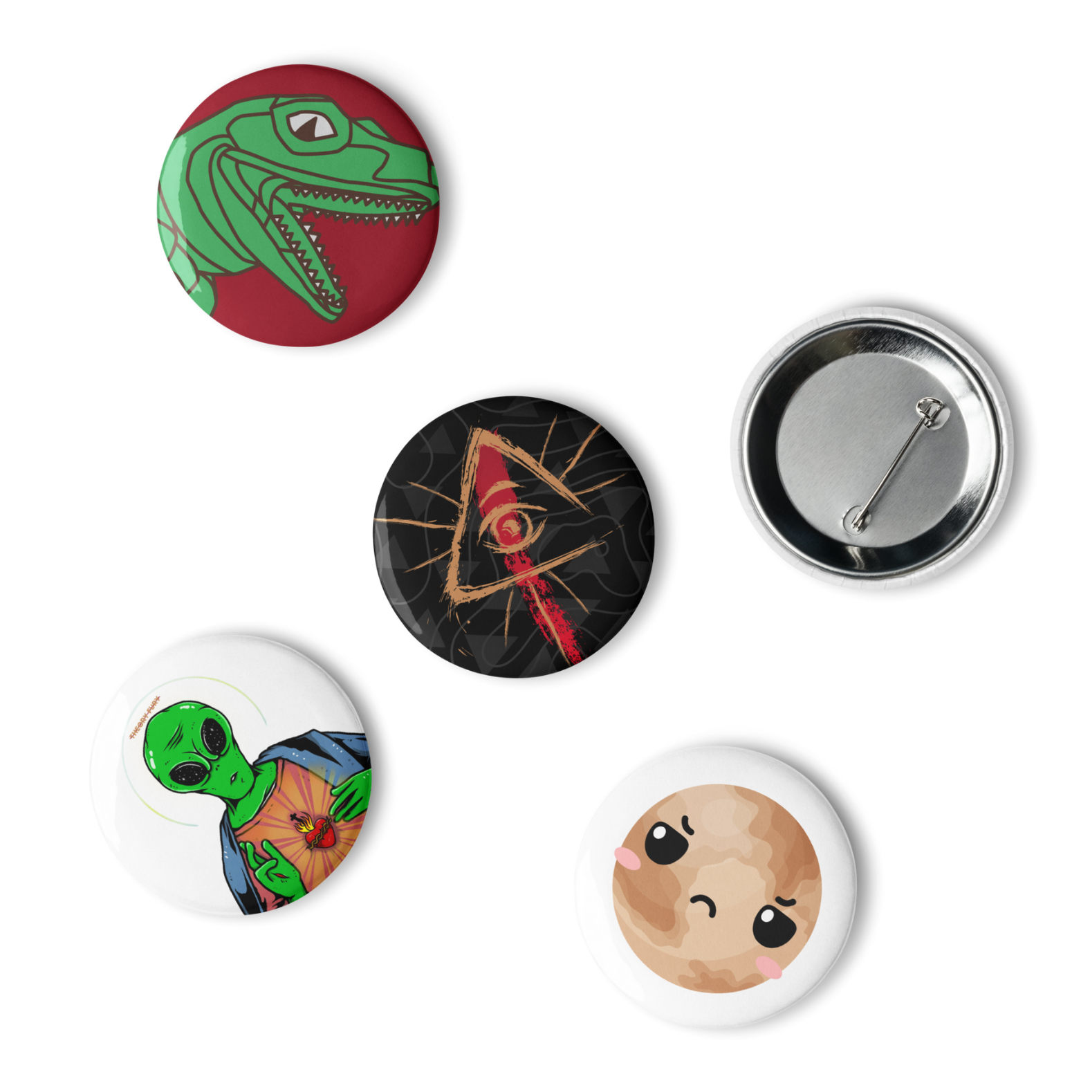 Funny conspiracy satire enamel pin set with 5 Theory Fury designs.