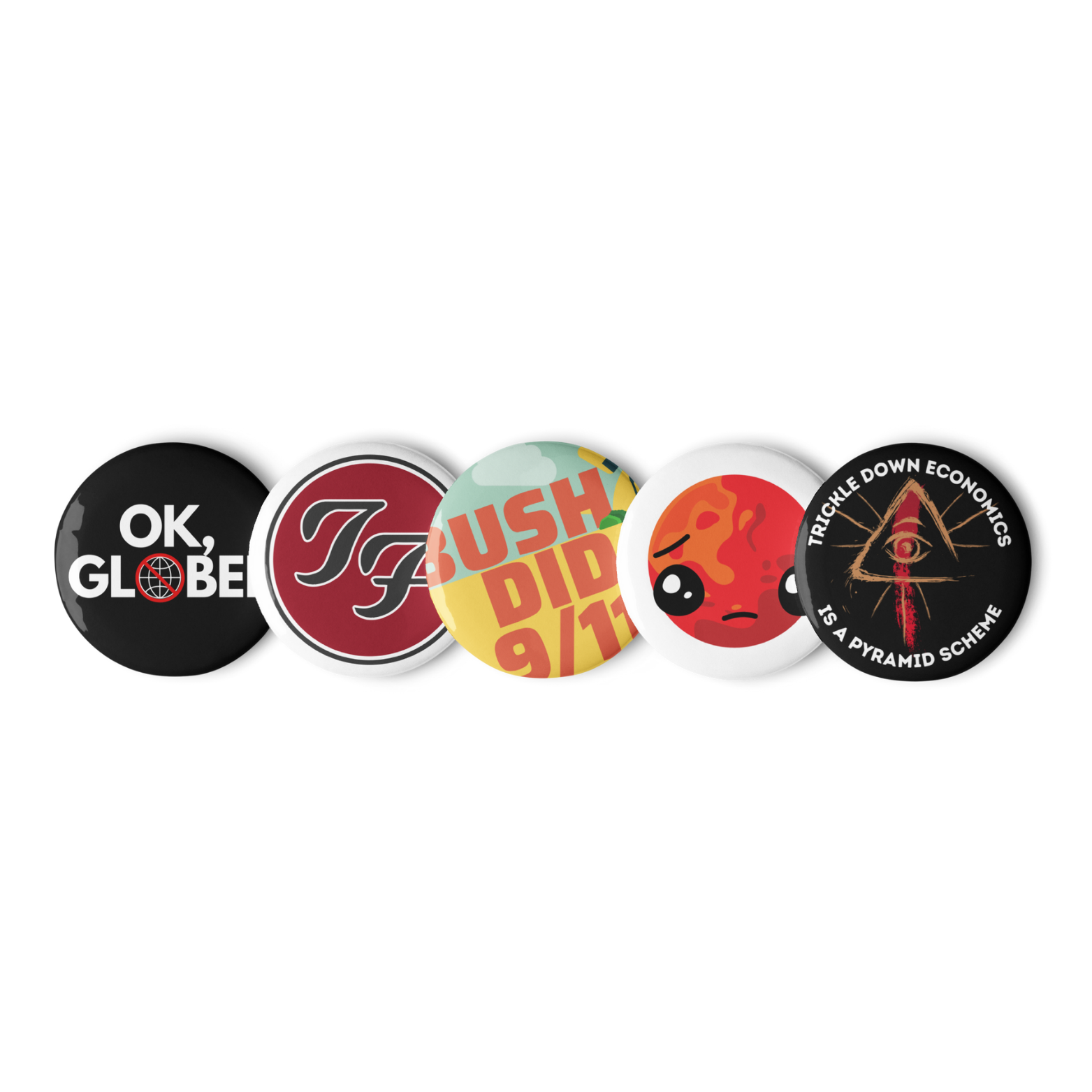 Funny conspiracy satire enamel pin set with 5 Theory Fury designs.