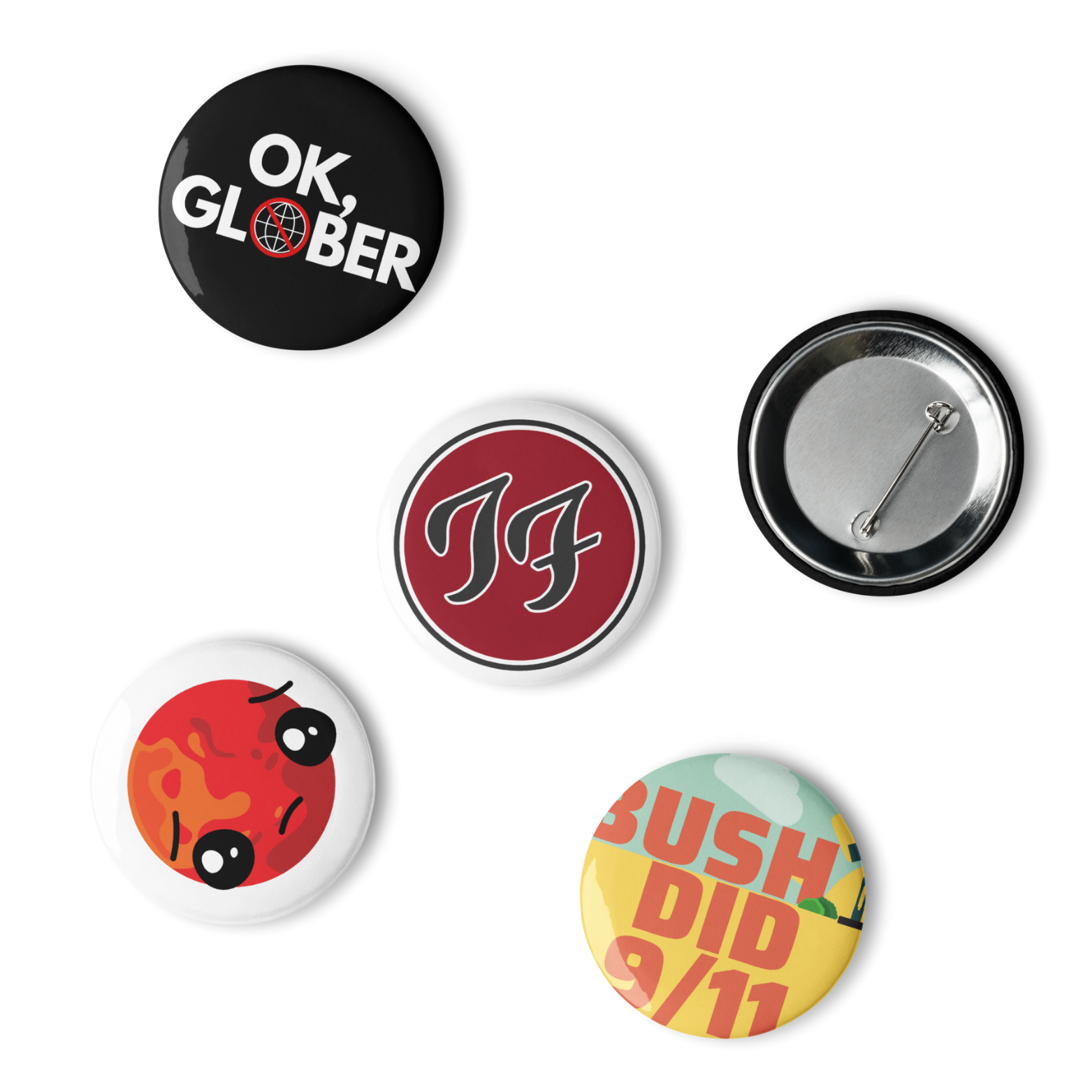 Funny conspiracy satire enamel pin set with 5 Theory Fury designs.