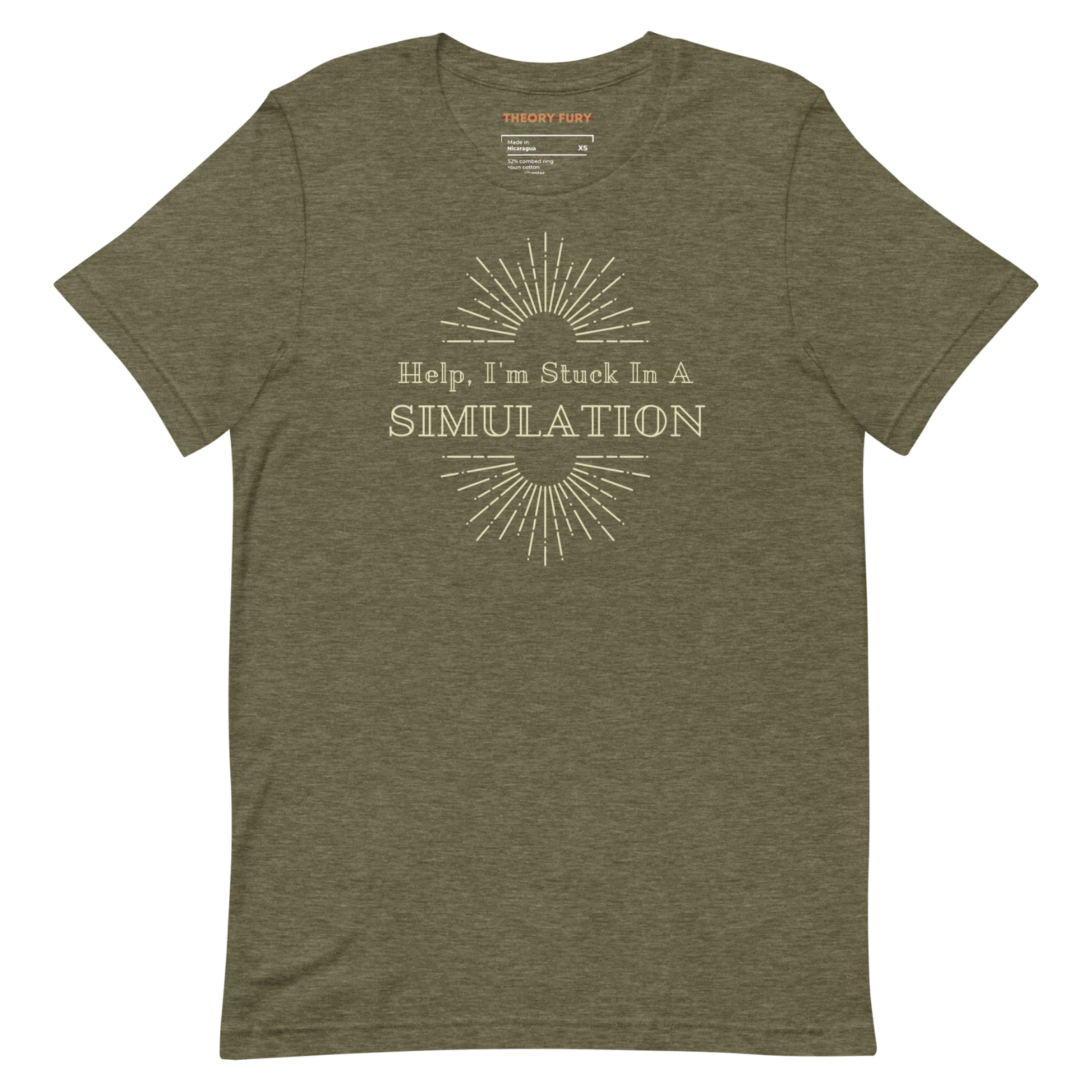 Green Help I’m Stuck in a Simulation shirt with bold art deco satire design.