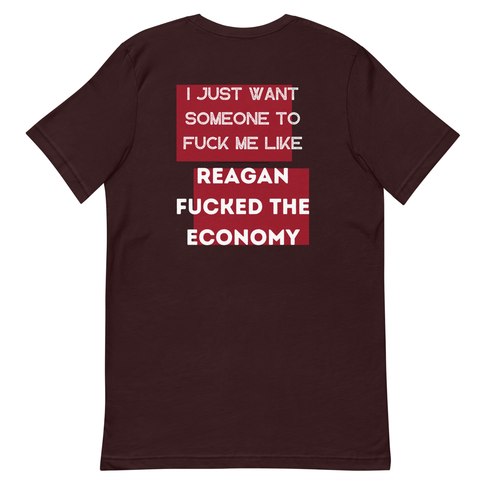 Funny Reagan economy satire red shirt with bold political protest design.