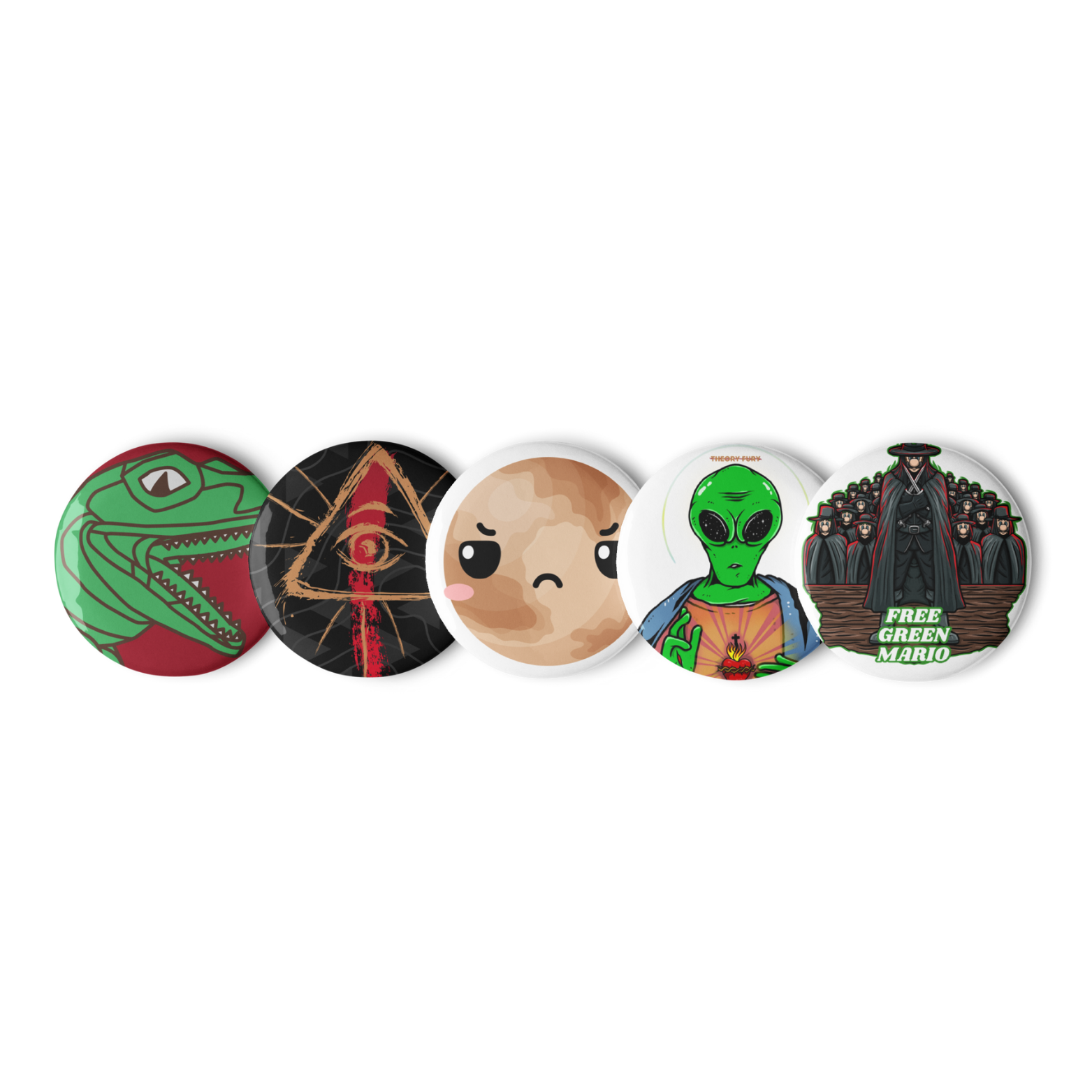 Funny conspiracy satire enamel pin set with 5 Theory Fury designs.