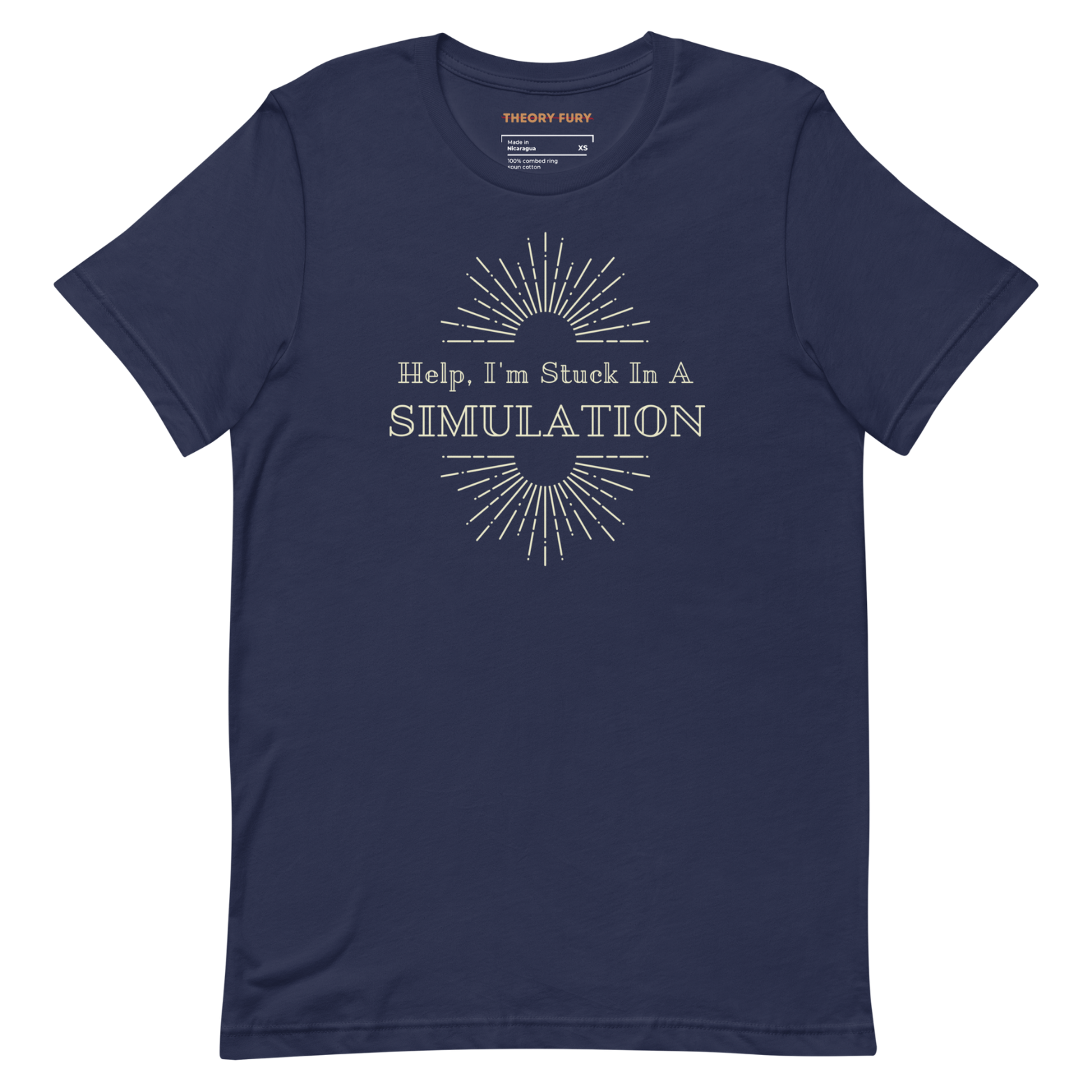 Navy Help I’m Stuck in a Simulation shirt with bold art deco satire design.