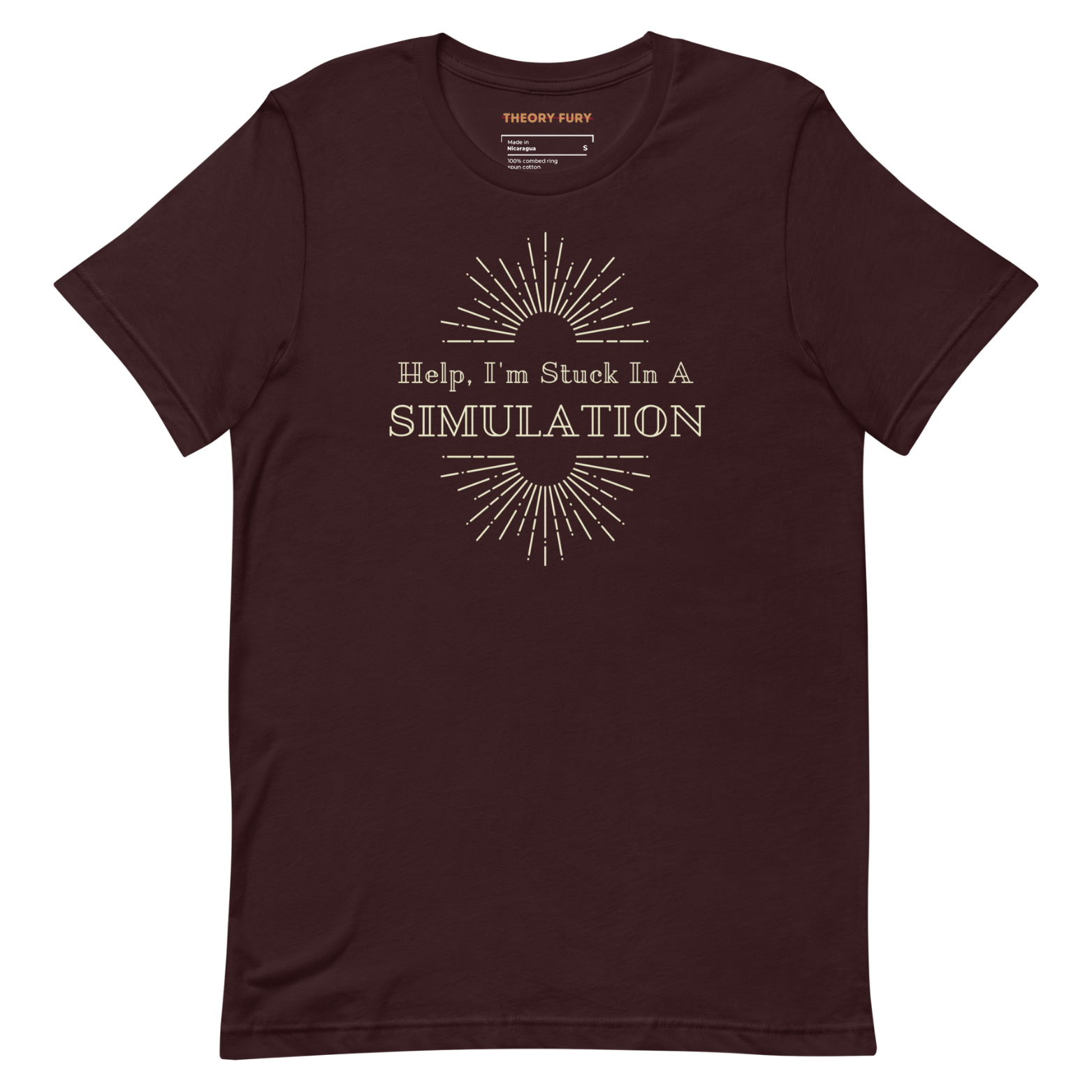 Red Help I’m Stuck in a Simulation shirt with bold art deco satire design.