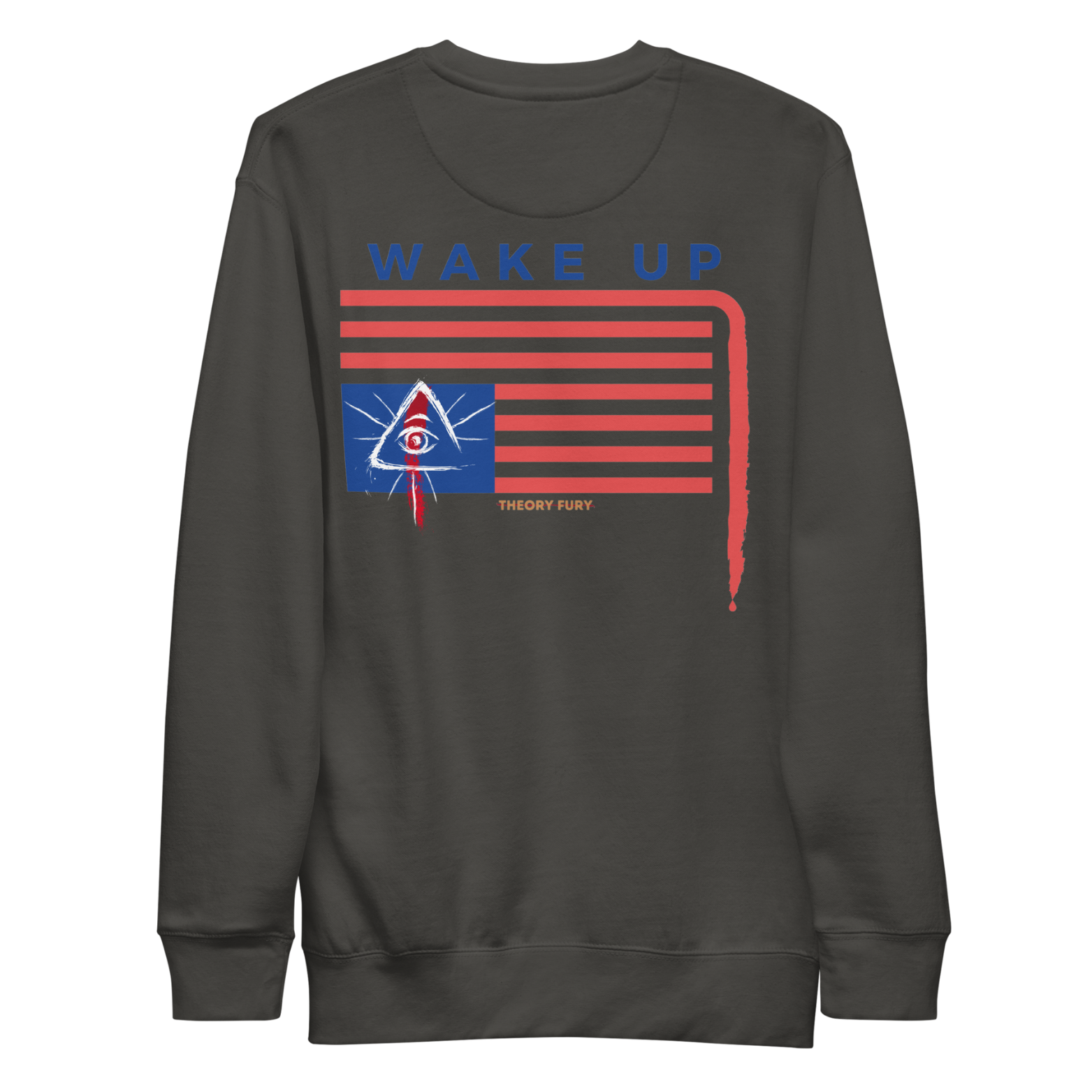 Gray Wake Up upside-down flag crewneck with dripping blood stripe conspiracy satire.