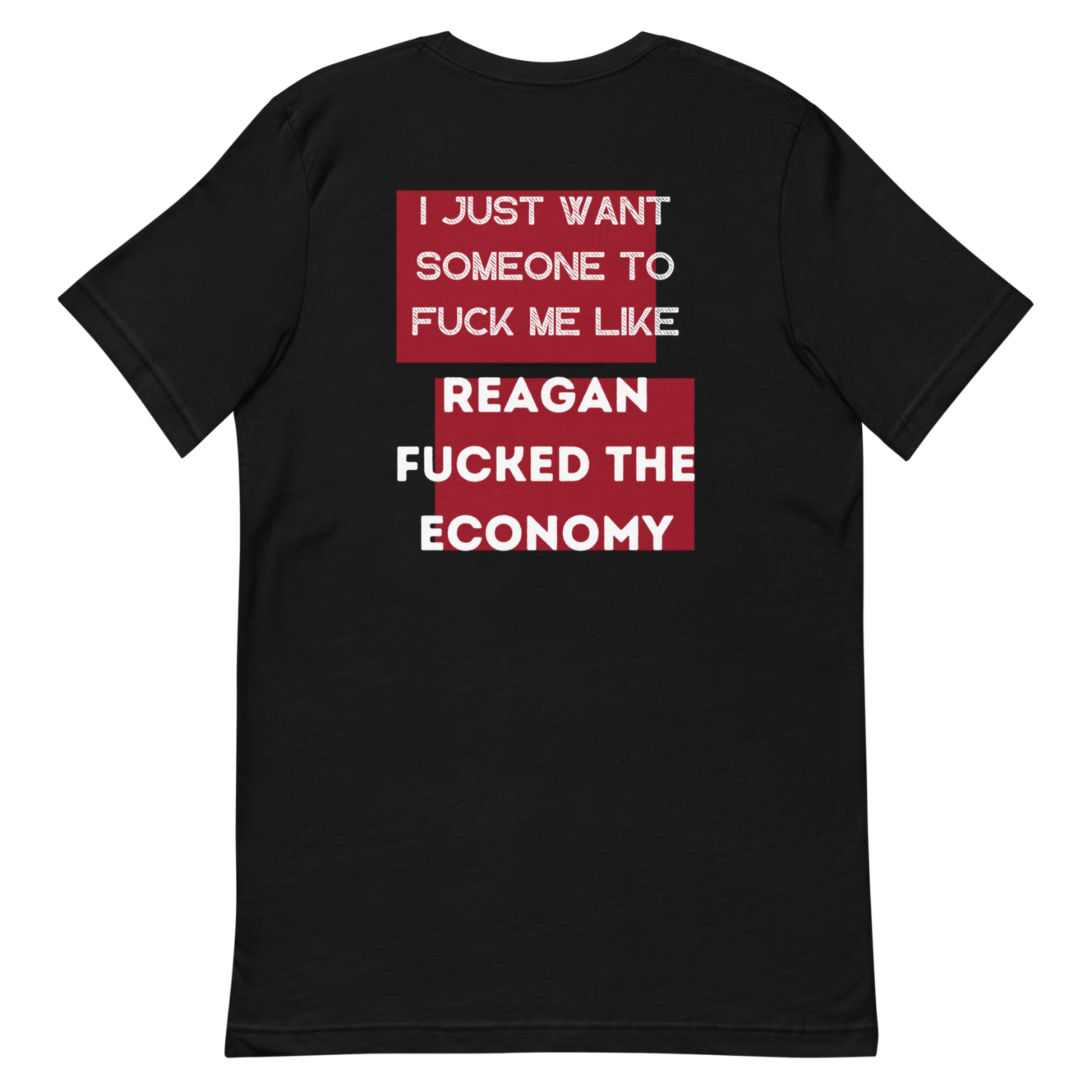 Funny Reagan economy satire black shirt with bold political protest design.